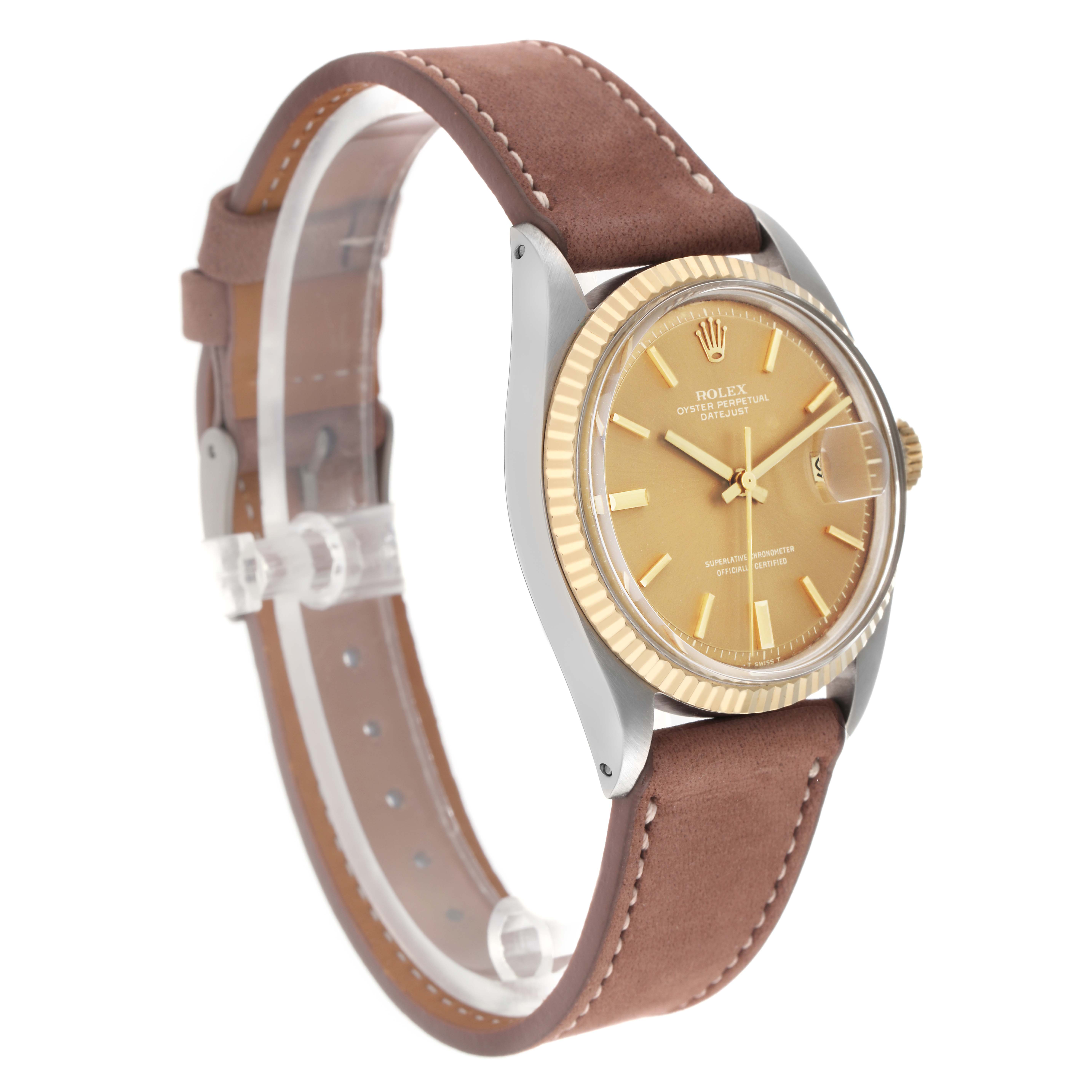 The Rolex Vintage Collection 16013 Men
s Steel and Gold (two tone) Champagne Dial watch is shown at a three-quarter angle, highlighting its face, case, bezel, and leather strap.