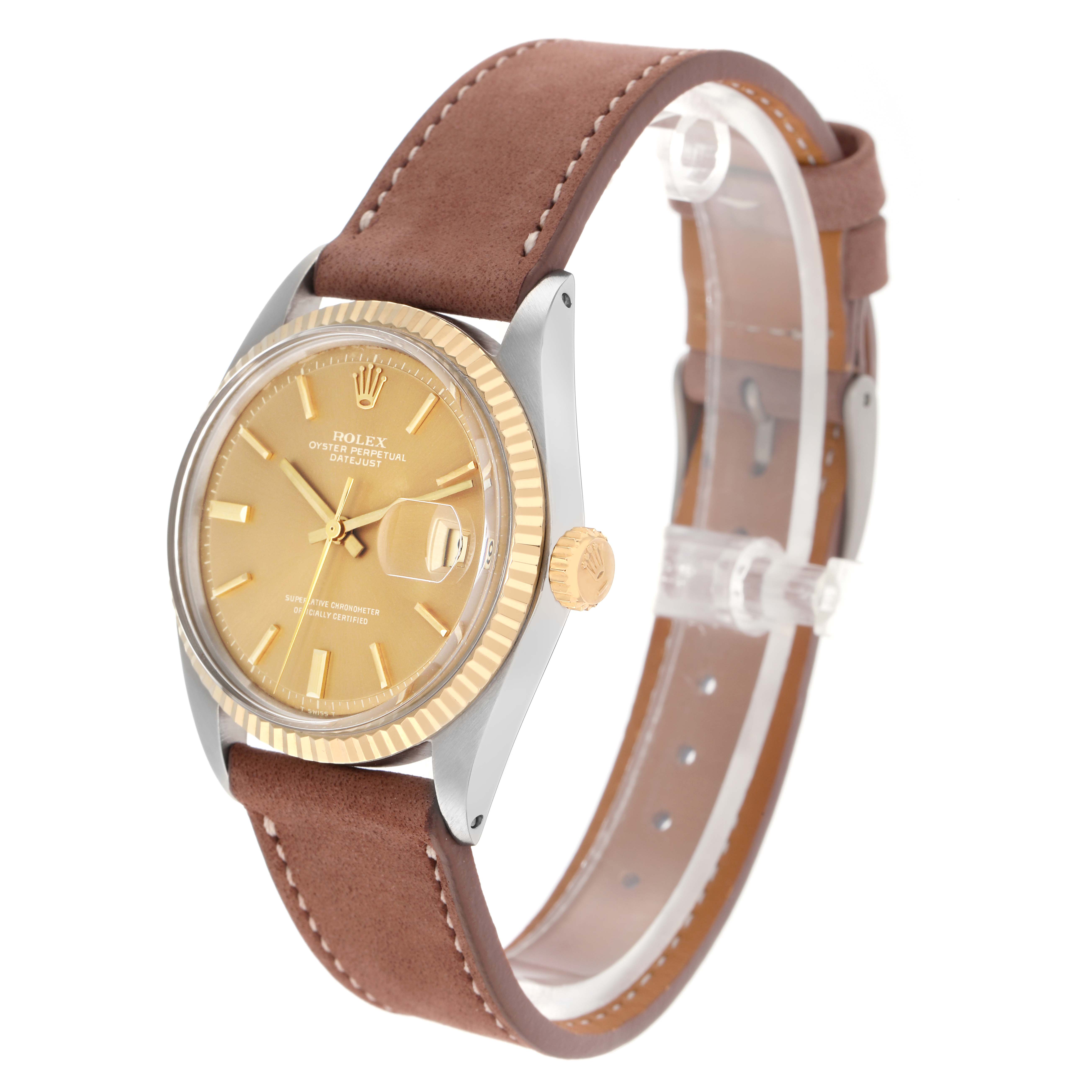 The Rolex Vintage Collection 16013 Men
s Steel and Gold (two tone) Champagne Dial watch is shown at a three-quarter view, displaying the face, bezel, crown, and brown leather strap.