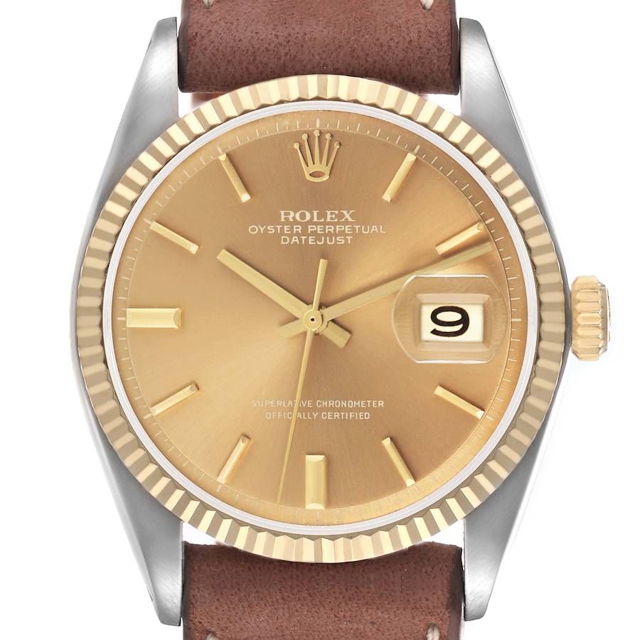 The Rolex Vintage Collection 1601 Men's Steel and Gold (two tone) Champagne Dial model is shown from a front angle, displaying the dial, bezel, crown, and leather strap.