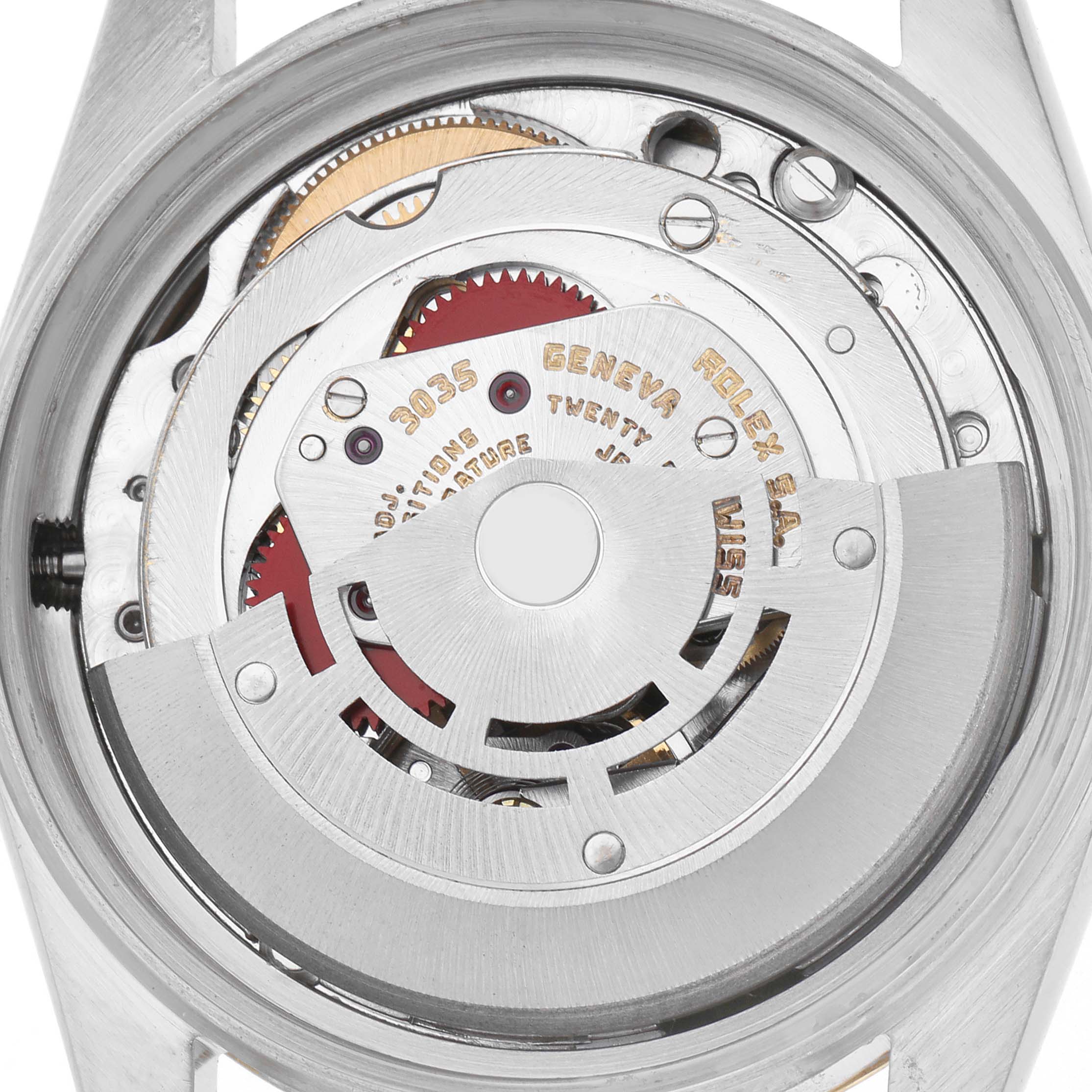 The image shows the internal mechanism and movement components of a Rolex Vintage Collection 16013 Men's Steel and Gold (two tone) Champagne Dial watch from a top view angle.