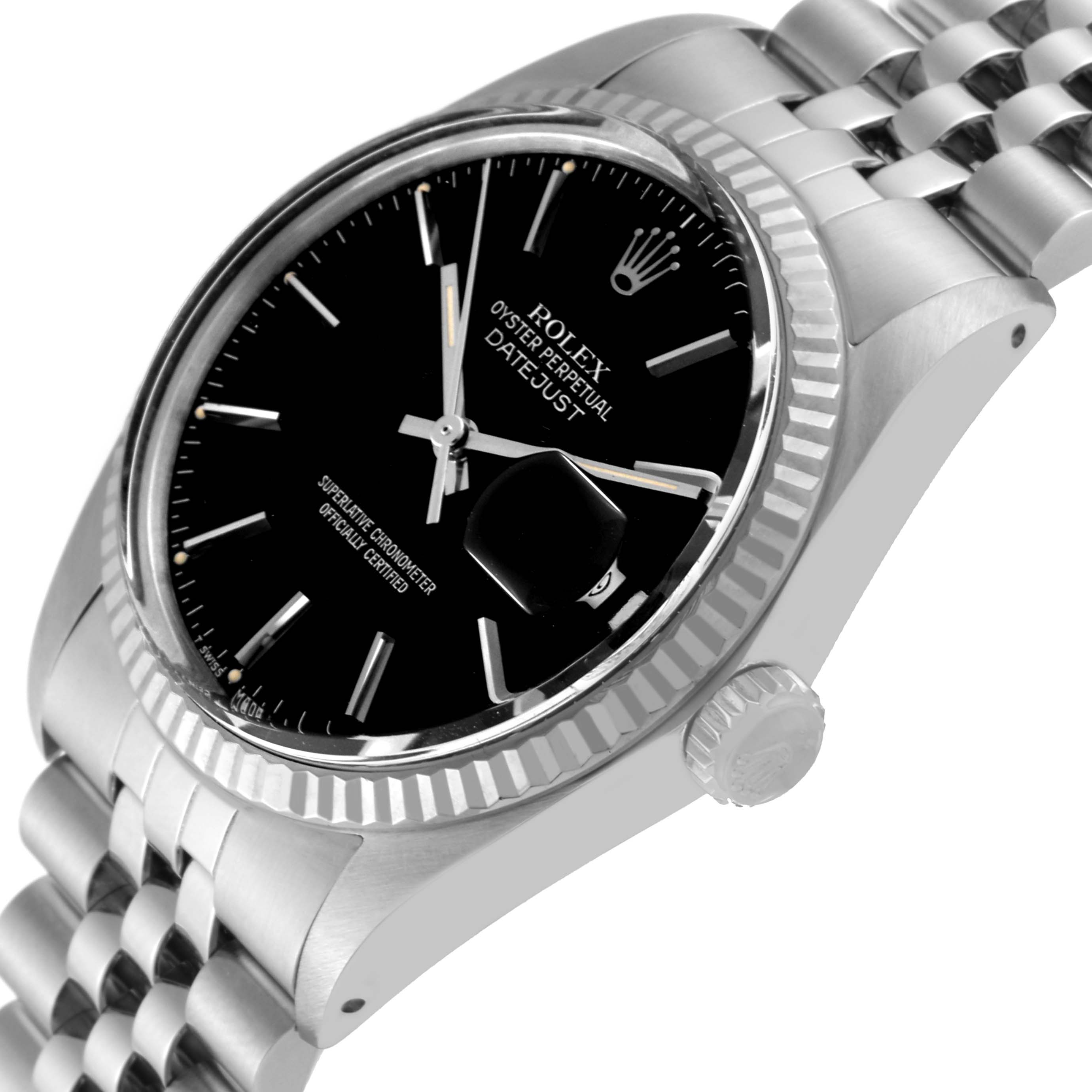 This image shows a side angle of a Rolex Vintage Collection 16014 Men's Stainless Steel Black Dial 16014 Men's Stainless Steel Black Dial Datejust watch, highlighting the black dial, fluted bezel, and jubilee bracelet.