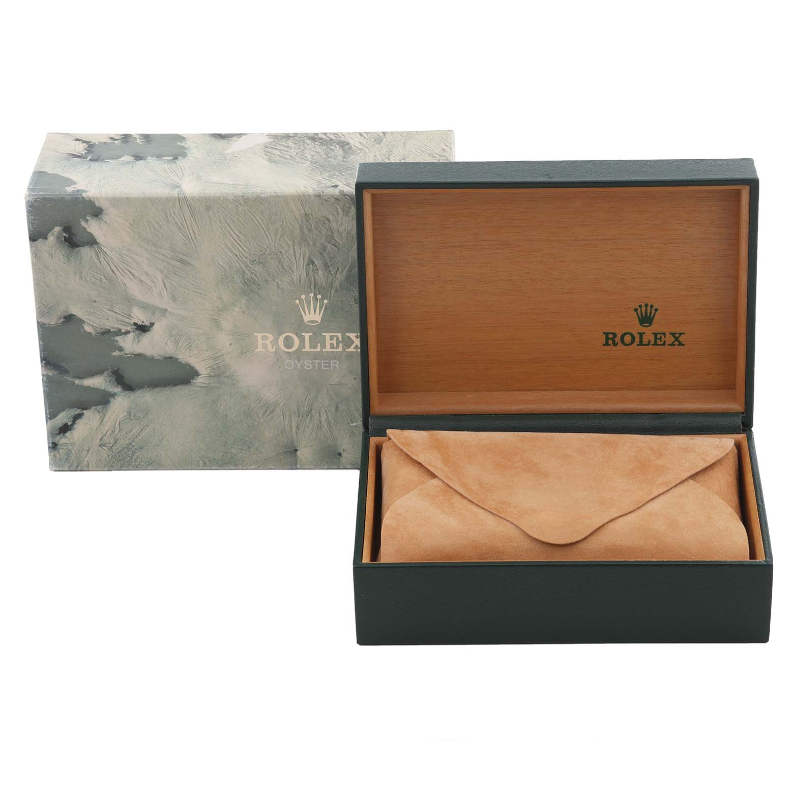 The image shows a grey marbled outer box, an open wooden inner box with the Rolex logo, and a suede pouch for the Vintage Collection model.
