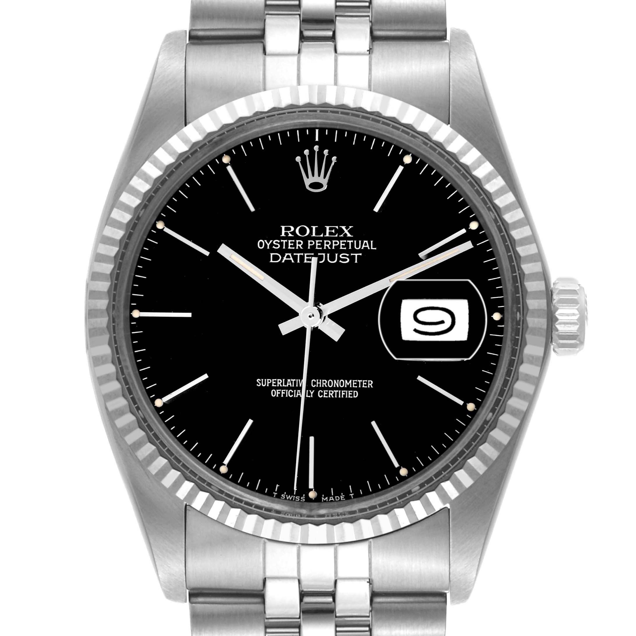 The image shows a frontal view of a Rolex Vintage Collection 16014 Men's Stainless Steel Black Dial 16014 Men's Stainless Steel Black Dial Oyster Perpetual Datejust, highlighting its black dial and stainless steel bracelet.