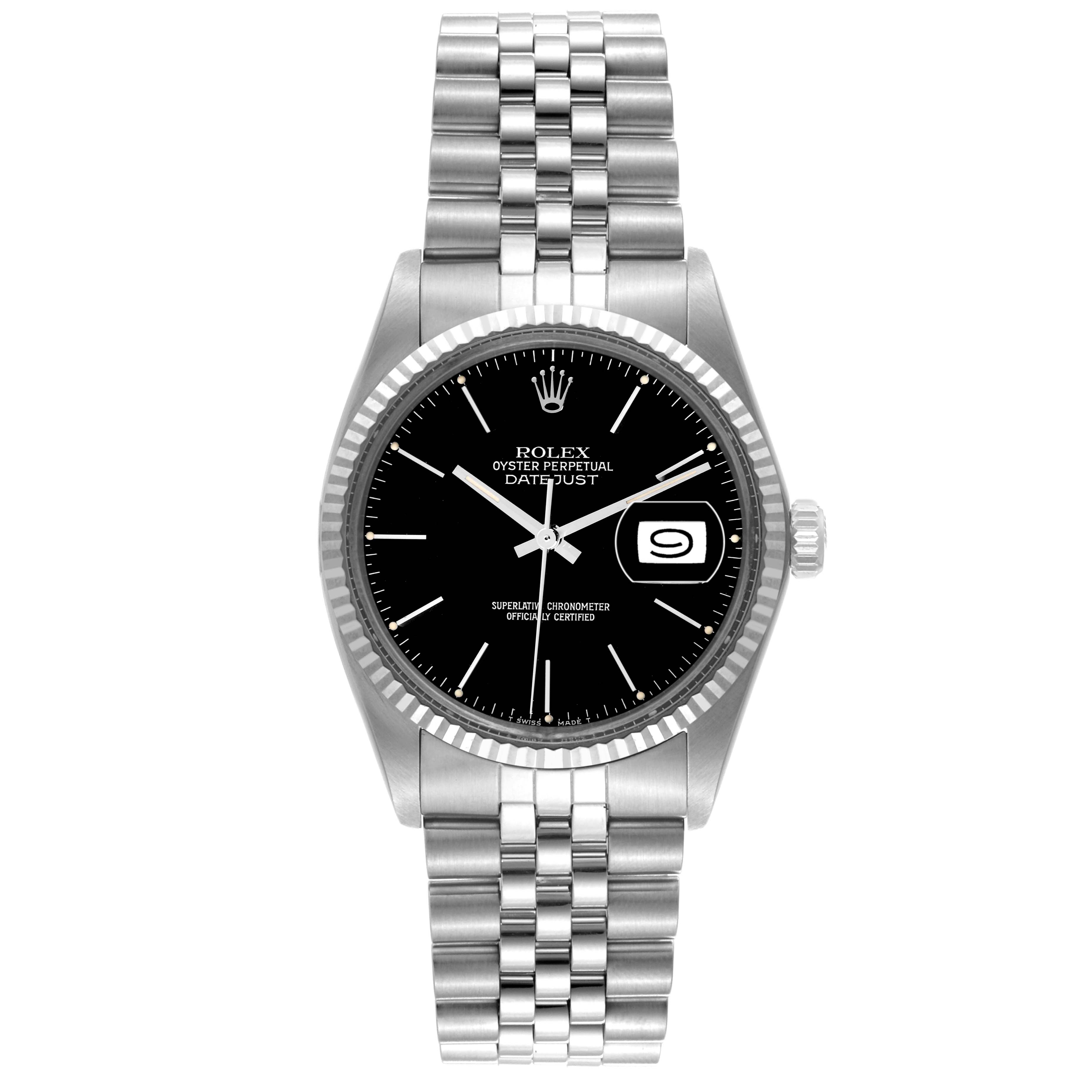 This is a frontal view of the Rolex Vintage Collection 16014 Men's Stainless Steel Black Dial 16014 Men's Stainless Steel Black Dial Datejust model, showing the watch face, bezel, and bracelet.