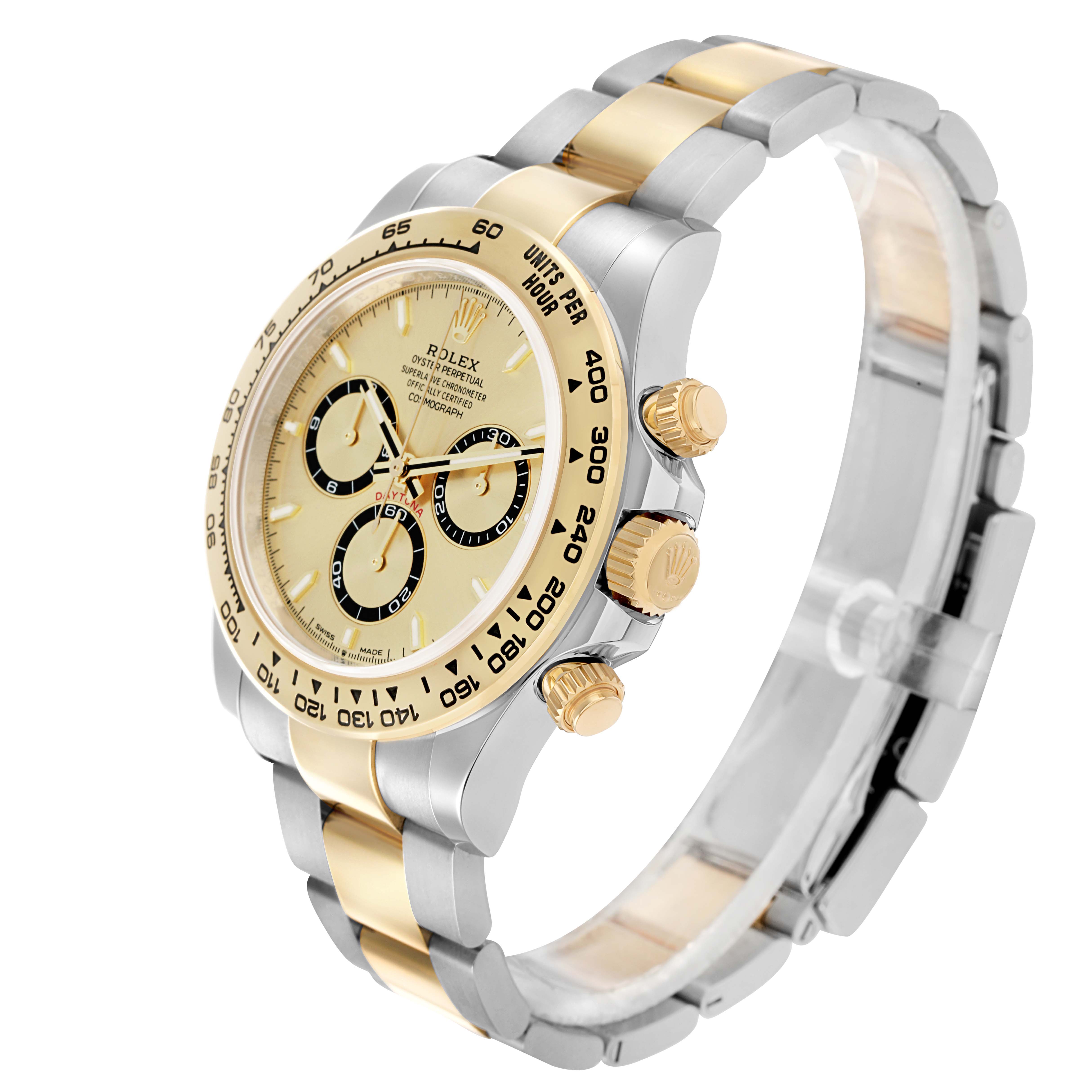 The image shows a Rolex Daytona 126503 Men
s Steel and Gold (two tone) Champagne Dial watch at a three-quarter angle, highlighting the dial, bezel, crown, and bracelet.