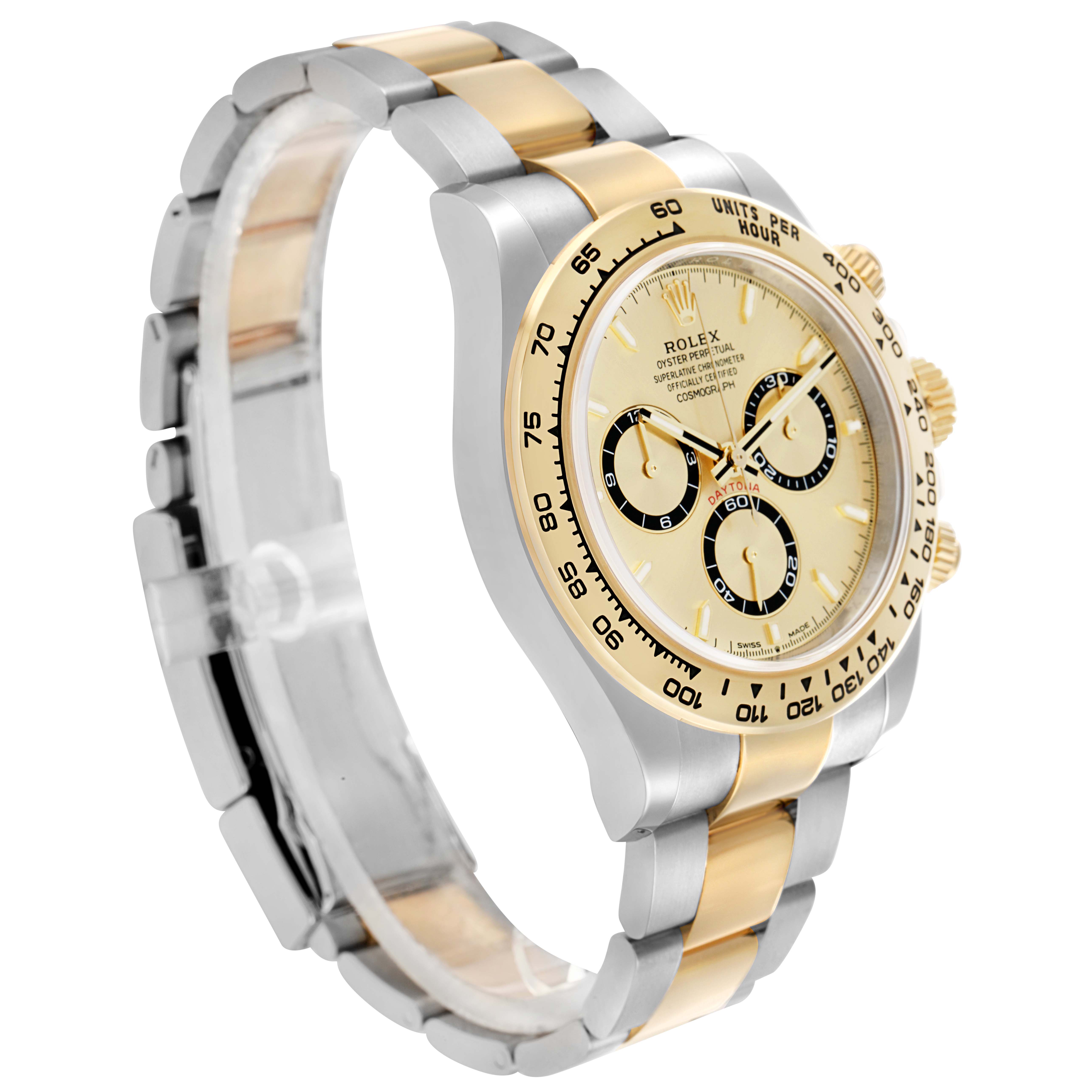 The Rolex Daytona 126503 Men
s Steel and Gold (two tone) Champagne Dial is shown at a three-quarter angle, displaying the face, bezel, and bracelet with gold and silver tones.