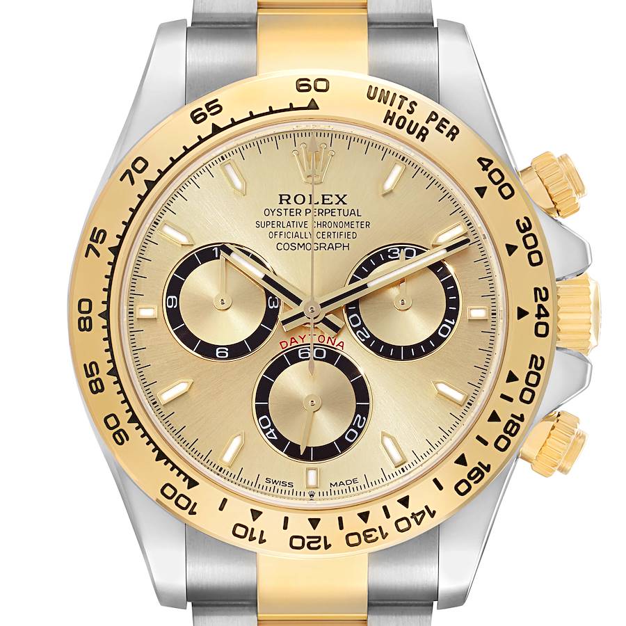 The Rolex Daytona 126503 Men's Steel and Gold (two tone) Champagne Dial watch is shown from the front, highlighting its bezel, dial, and pushers.