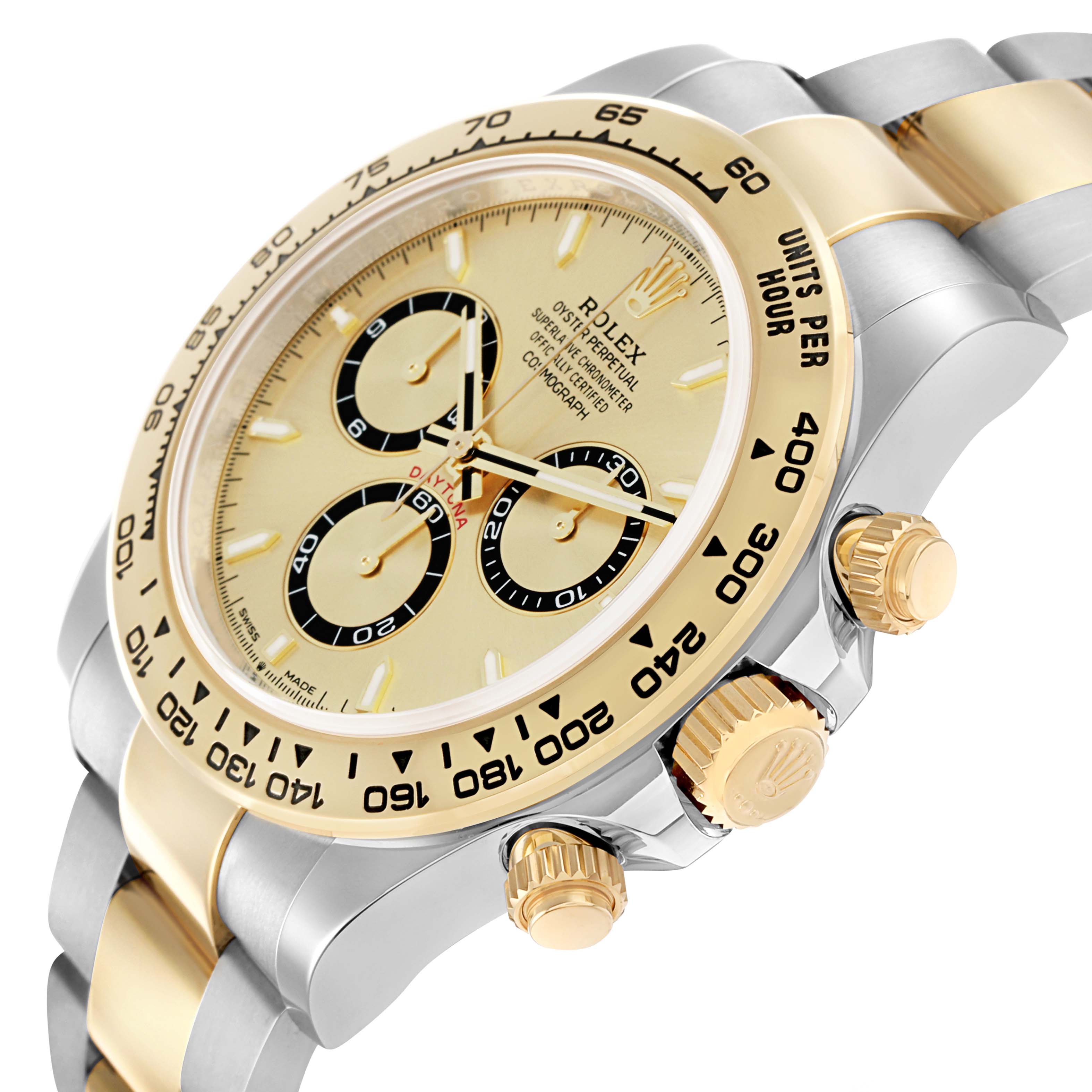 The Rolex Daytona 126503 Men
s Steel and Gold (two tone) Champagne Dial watch is shown from a slightly angled side view, highlighting the bezel, crown, and bracelet.