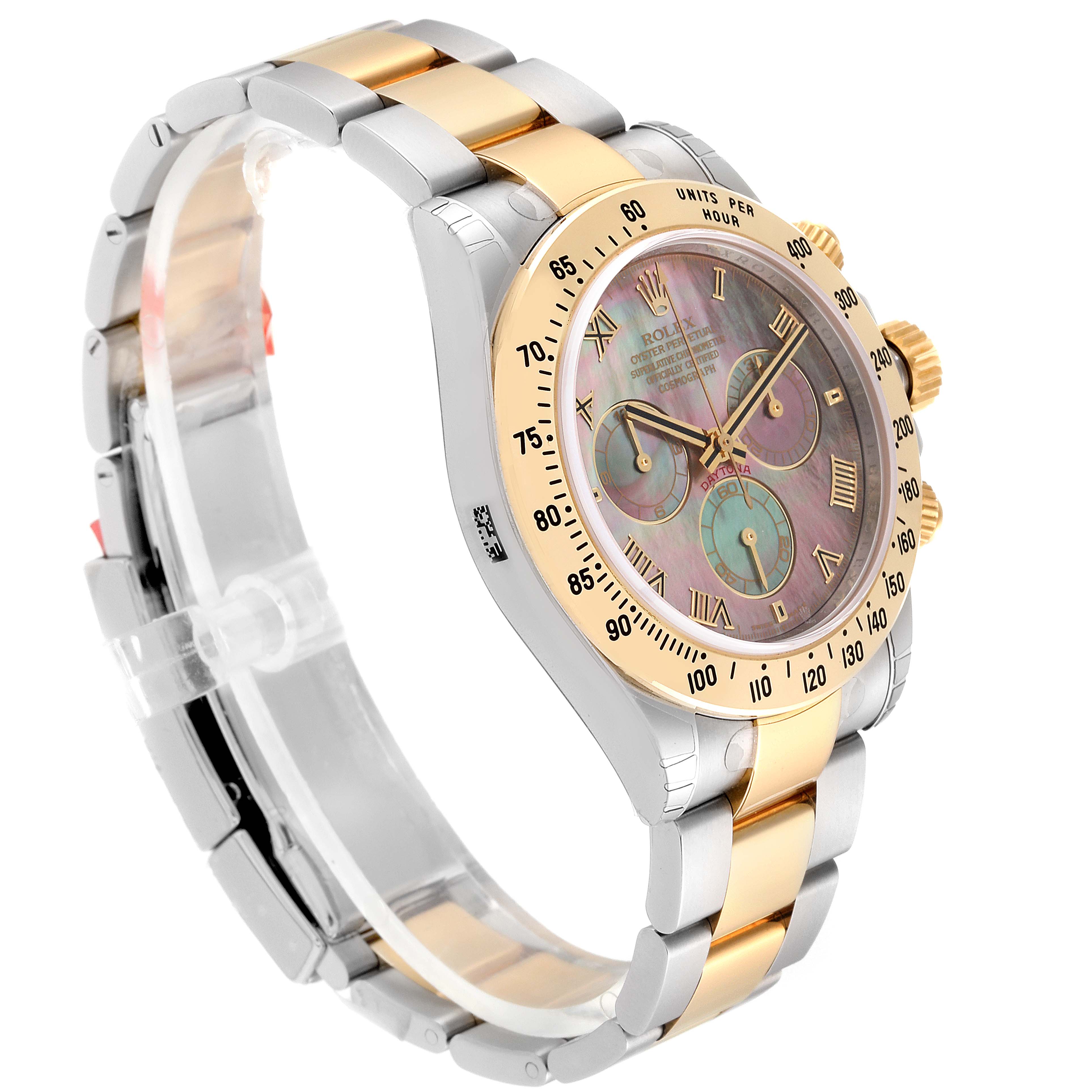 This image shows a Rolex Daytona 116523 Men's Steel and Gold (two tone) Mother of Pearl Dial 116523 Men's Steel and Gold (two tone) Mother of Pearl Dial watch from a side angle, highlighting its band, bezel, and dial.