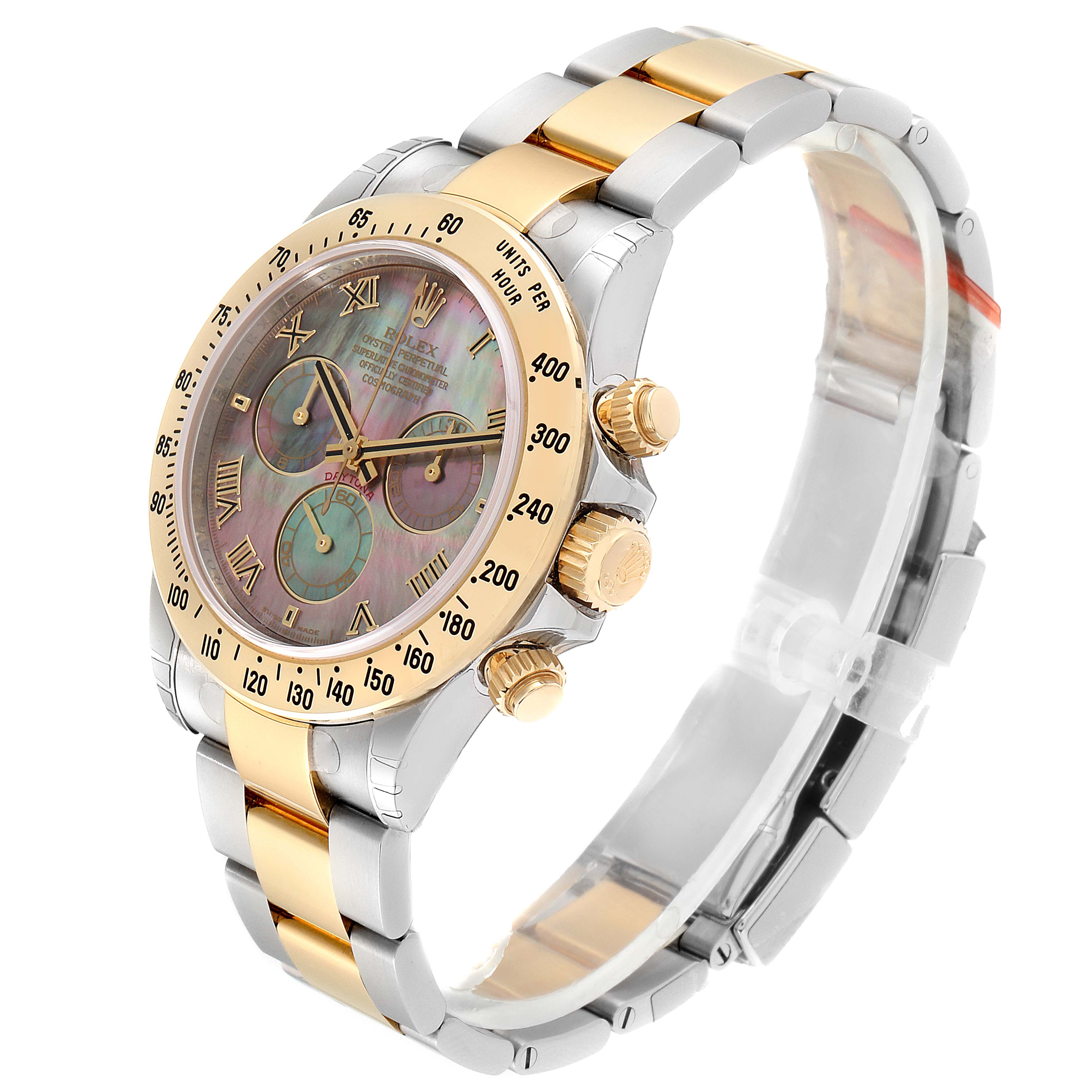 The Rolex Daytona 116523 Men's Steel and Gold (two tone) Mother of Pearl Dial 116523 Men's Steel and Gold (two tone) Mother of Pearl Dial watch is shown at a three-quarter angle, highlighting its bezel, bracelet, and chronograph subdials.