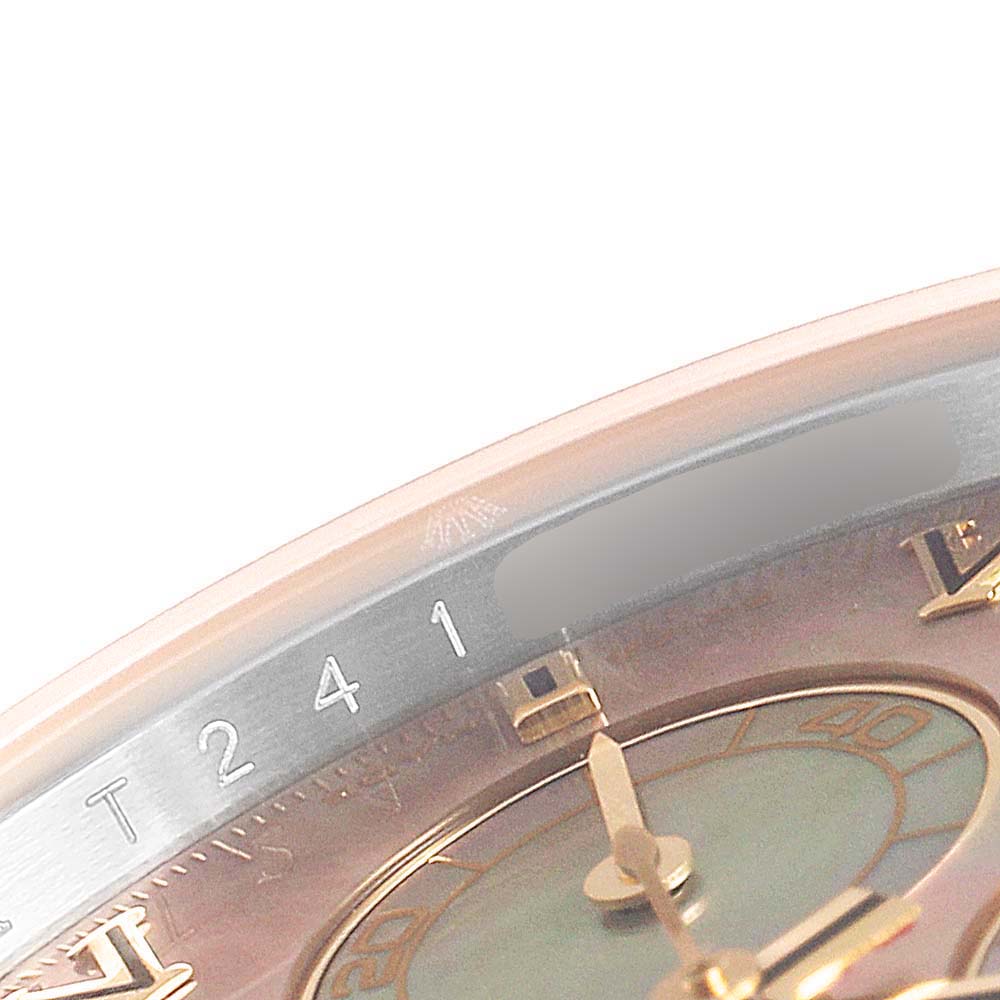 The image shows a close-up of the dial, bezel, and part of the subdial of a Rolex Daytona 116523 Men's Steel and Gold (two tone) Mother of Pearl Dial 116523 Men's Steel and Gold (two tone) Mother of Pearl Dial watch.
