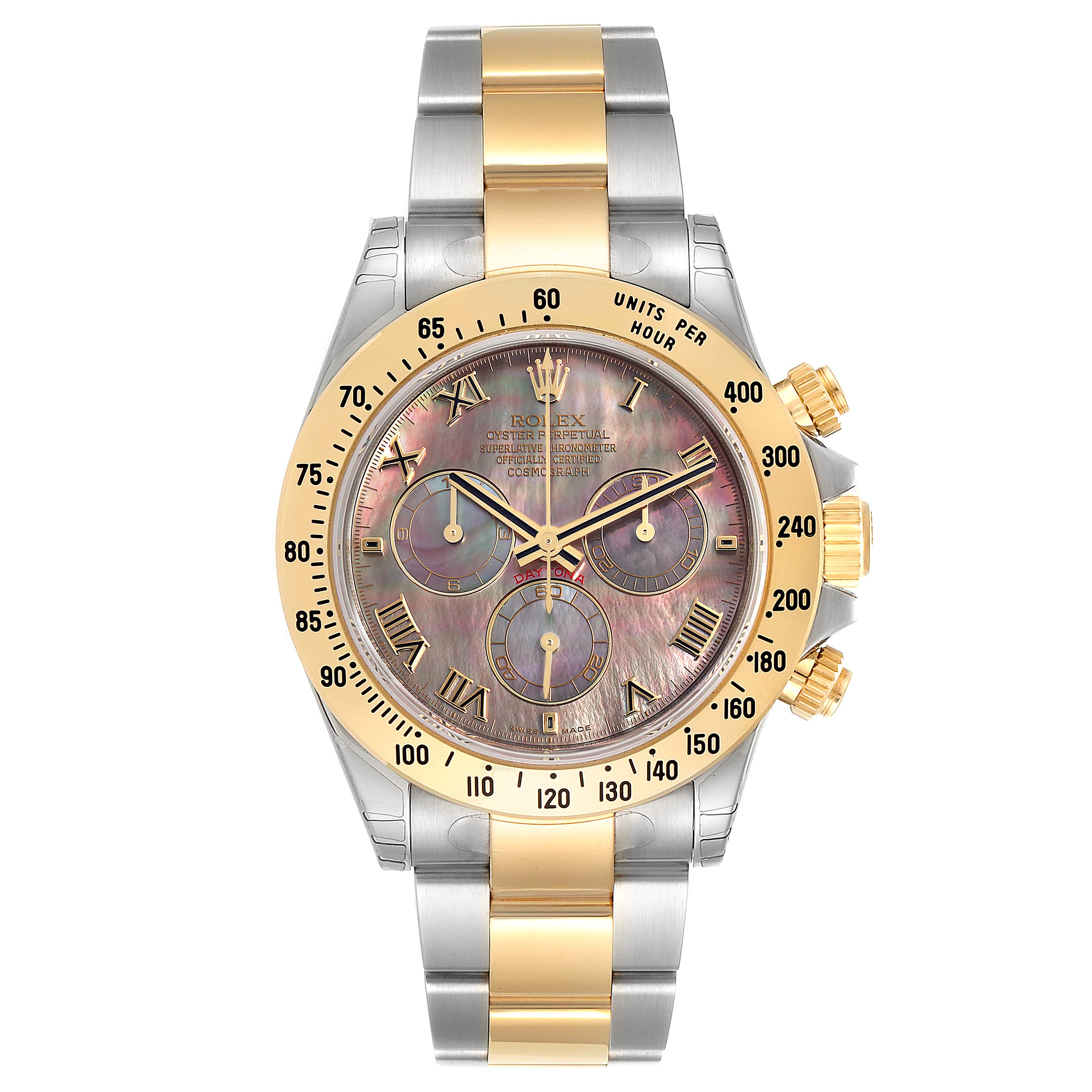 The image shows a front view of a Rolex Daytona 116523 Men's Steel and Gold (two tone) Mother of Pearl Dial 116523 Men's Steel and Gold (two tone) Mother of Pearl Dial watch, highlighting its bezel, dial, and bracelet.