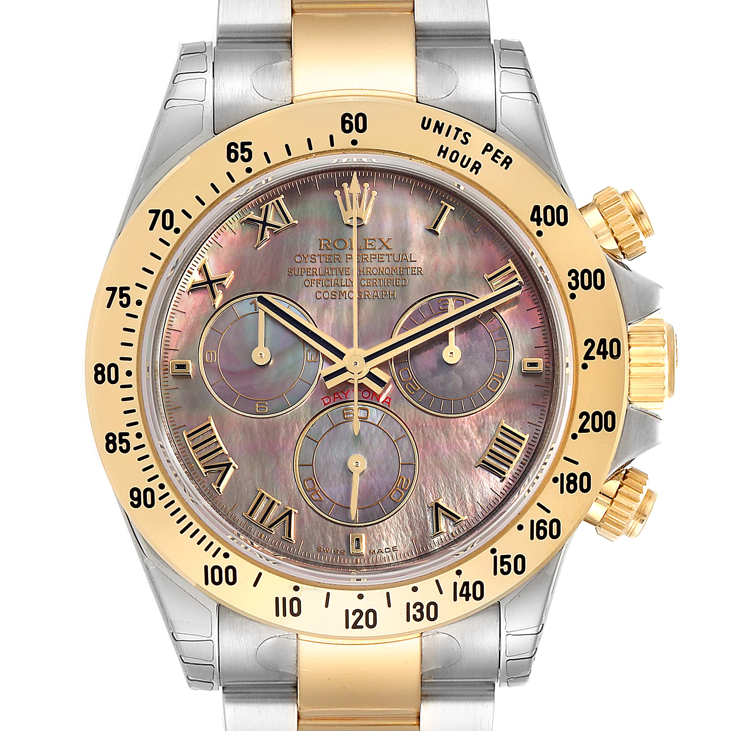 The image shows a front view of a Rolex Daytona 116523 Men's Steel and Gold (two tone) Mother of Pearl Dial 116523 Men's Steel and Gold (two tone) Mother of Pearl Dial watch, displaying the dial, bezel, crown, and chronograph subdials.
