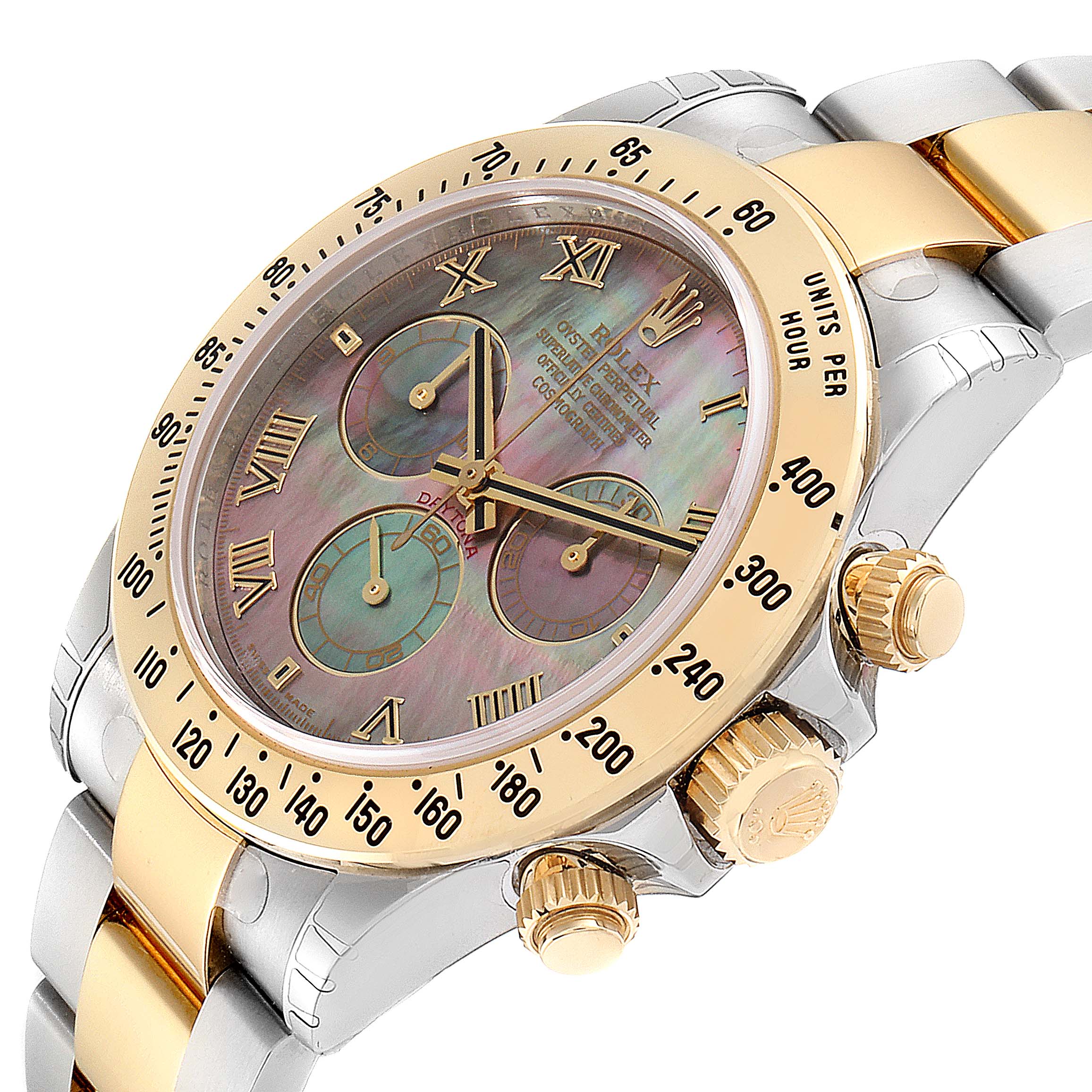 The Rolex Daytona 116523 Men's Steel and Gold (two tone) Mother of Pearl Dial 116523 Men's Steel and Gold (two tone) Mother of Pearl Dial watch is shown at a slight side angle, highlighting the face, bezel, crown, and part of the bracelet.