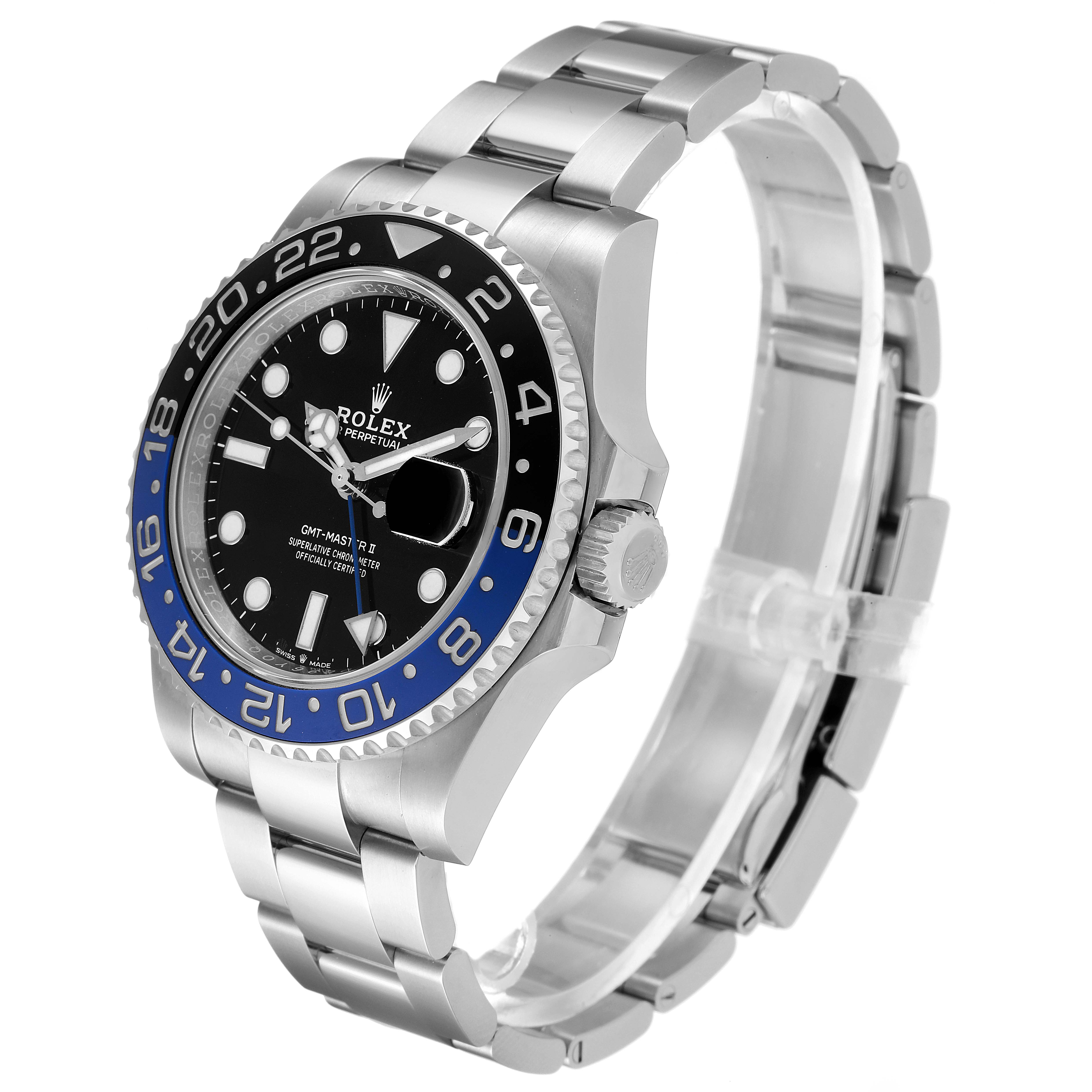 The image shows a side angle of a Rolex GMT-Master 126710 Men
s Stainless Steel Black Dial 126710 Men
s Stainless Steel Black Dial watch, displaying the bezel, dial, crown, and part of the bracelet.