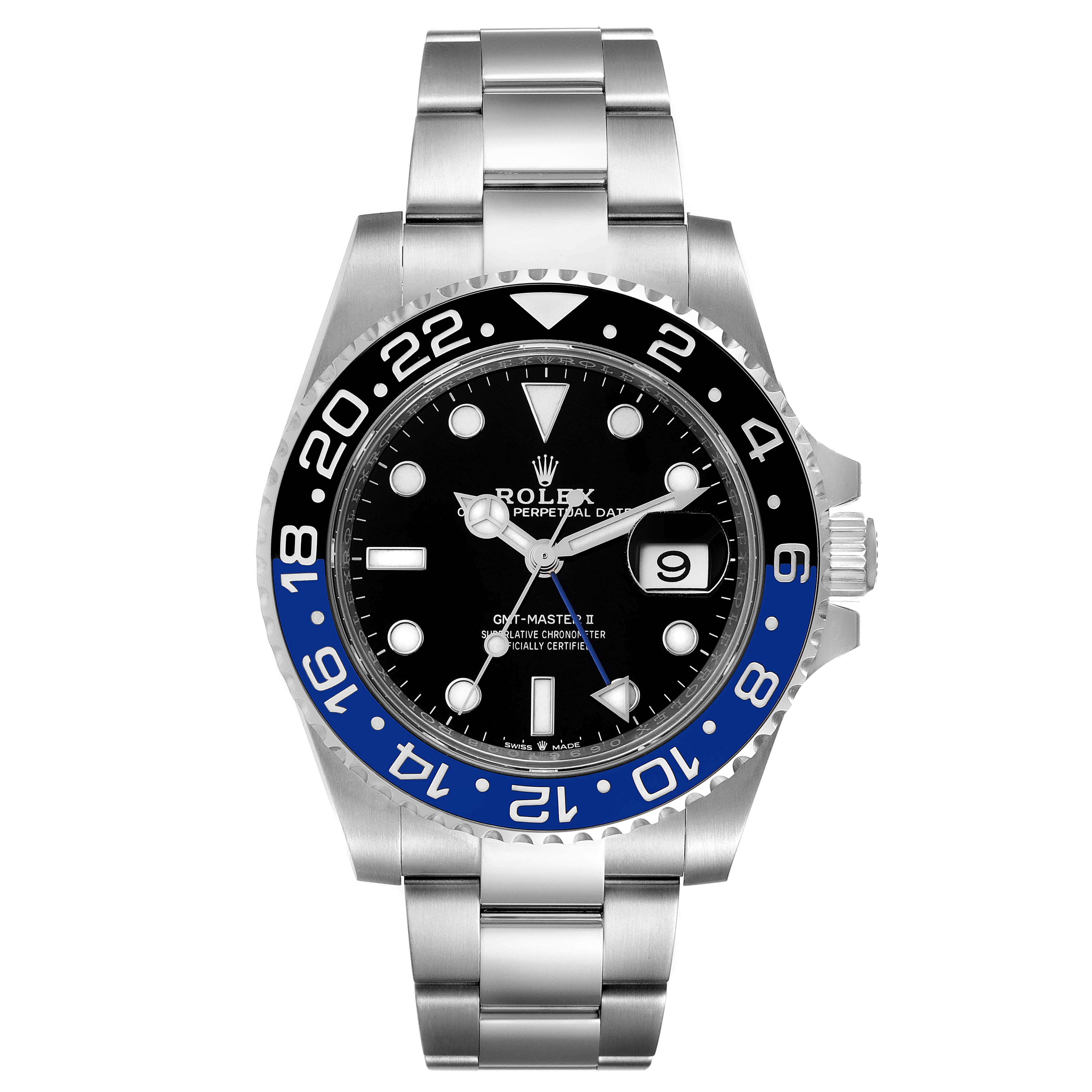 The image shows a front view of a Rolex GMT-Master 126710 Men
s Stainless Steel Black Dial 126710 Men
s Stainless Steel Black Dial II watch with a black and blue bezel and a stainless steel bracelet.