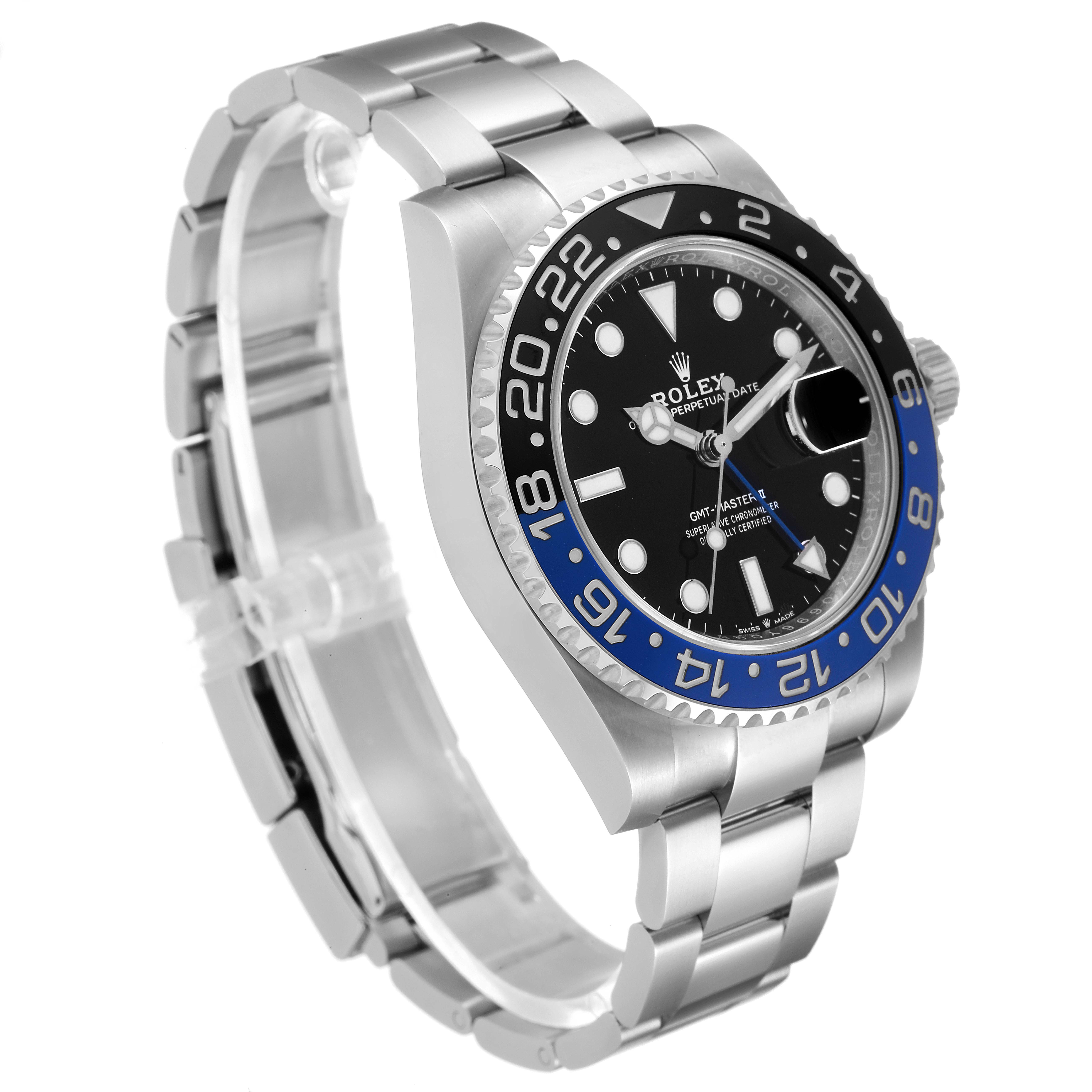 This image shows a side angle of the Rolex GMT-Master 126710 Men
s Stainless Steel Black Dial 126710 Men
s Stainless Steel Black Dial watch, highlighting the bezel, dial, and metal bracelet.