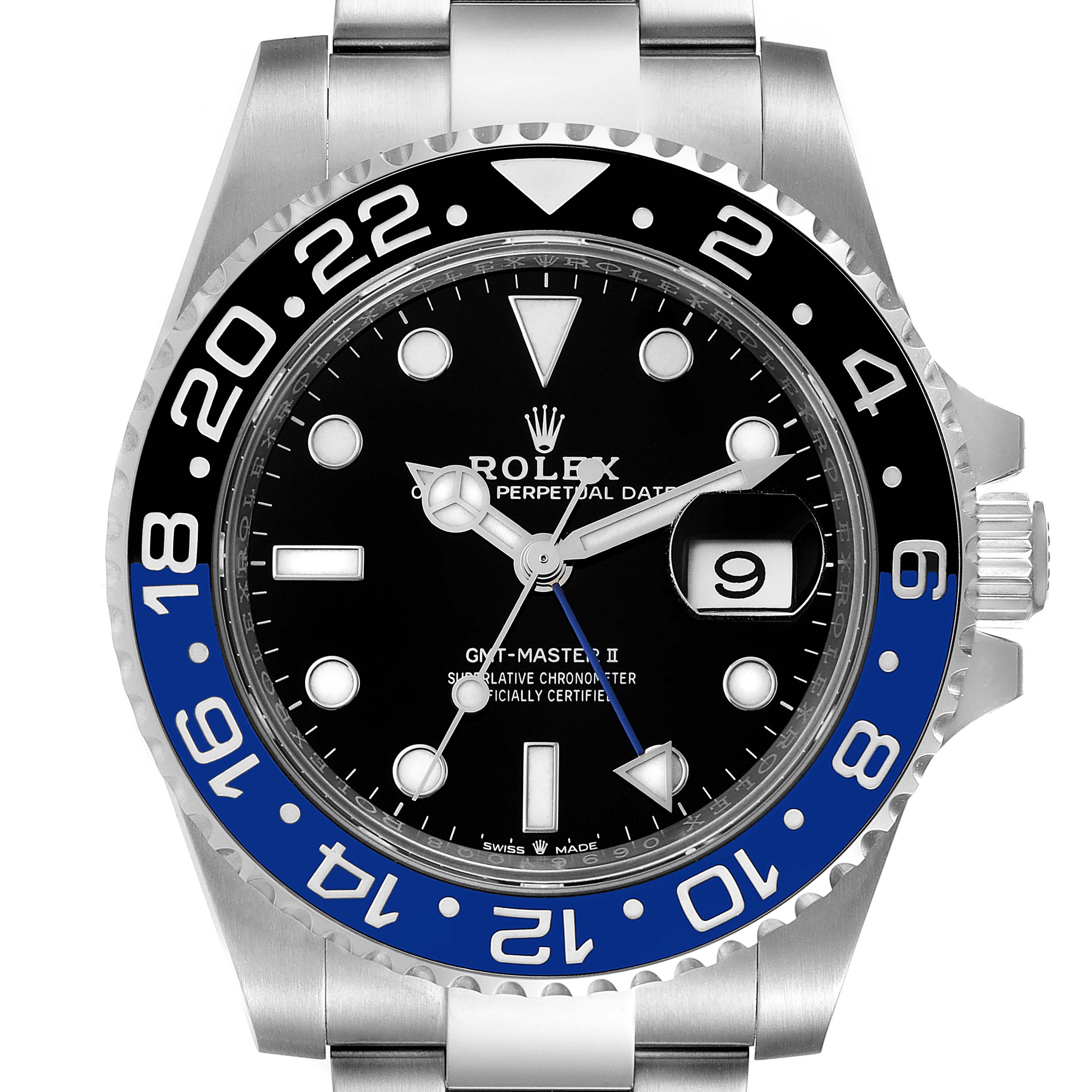 The image shows a front view of the Rolex GMT-Master 126710 Men
s Stainless Steel Black Dial 126710 Men
s Stainless Steel Black Dial II watch, highlighting the bezel, dial, hands, and date window.