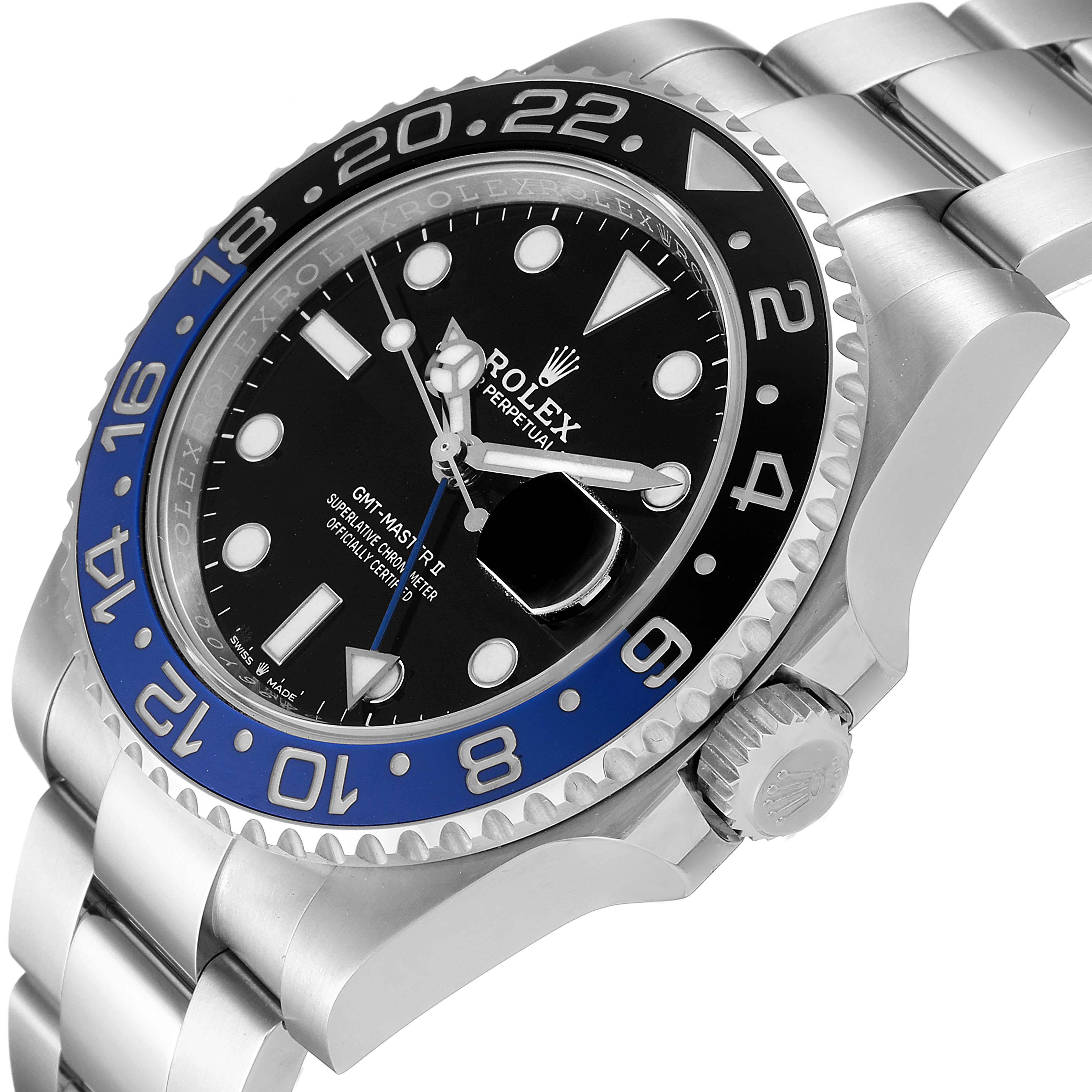 This image shows a side/front angle view of a Rolex GMT-Master 126710 Men
s Stainless Steel Black Dial 126710 Men
s Stainless Steel Black Dial watch, highlighting the dial, bezel, and bracelet.
