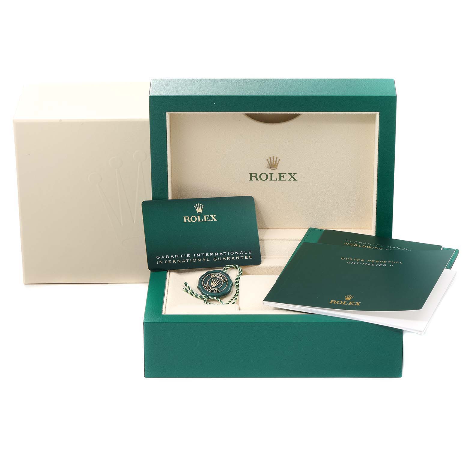 The image shows a Rolex GMT-Master 126710 Men
s Stainless Steel Black Dial 126710 Men
s Stainless Steel Black Dial watch box with accompanying documentation, guarantee card, and tag from a frontal angle.