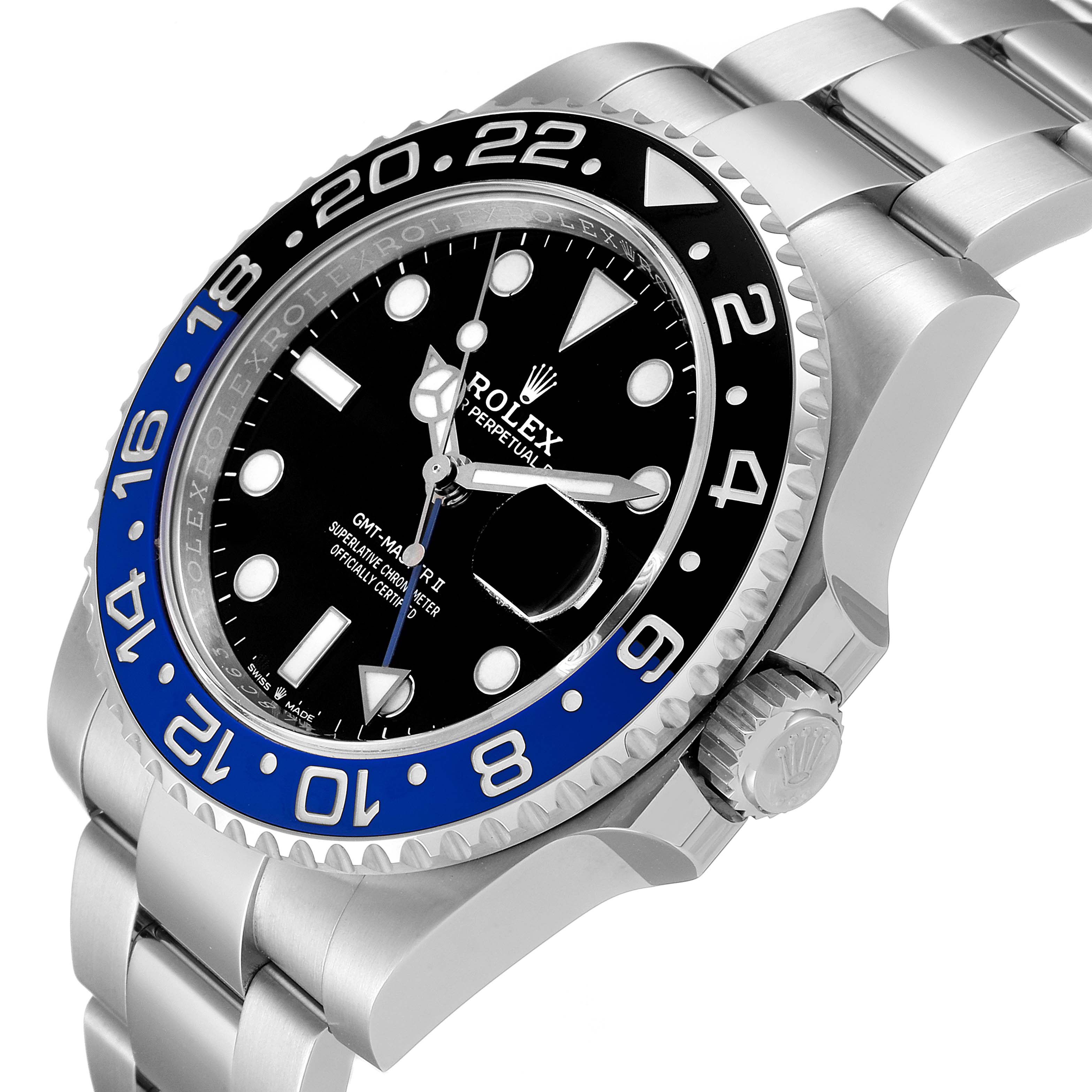 This image shows a close-up of the dial, bezel, and part of the bracelet of the Rolex GMT-Master 126710 Men
s Stainless Steel Black Dial 126710 Men
s Stainless Steel Black Dial watch.