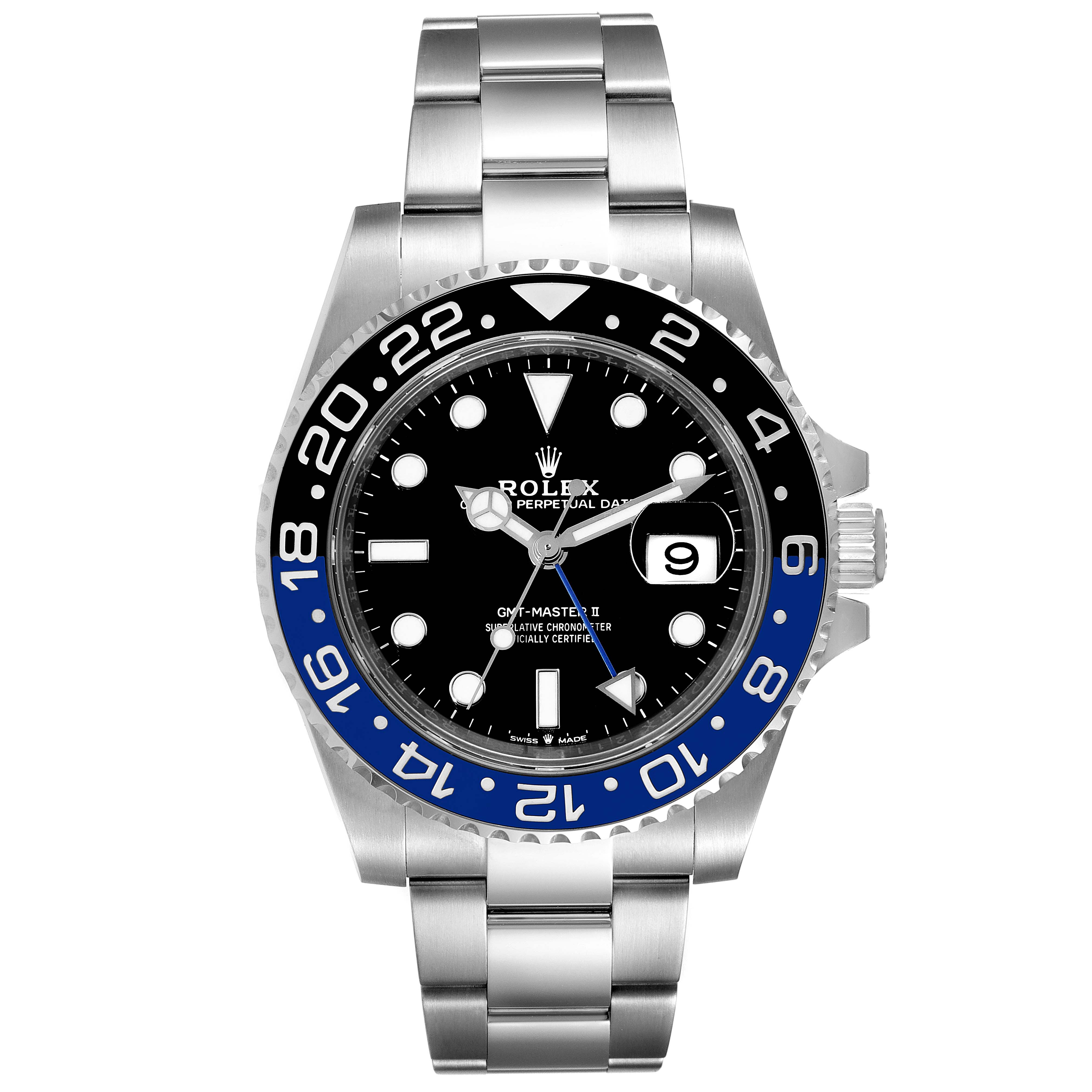 The image shows a frontal view of the Rolex GMT-Master 126710 Men
s Stainless Steel Black Dial 126710 Men
s Stainless Steel Black Dial II watch, displaying the bezel, dial, hands, and bracelet.