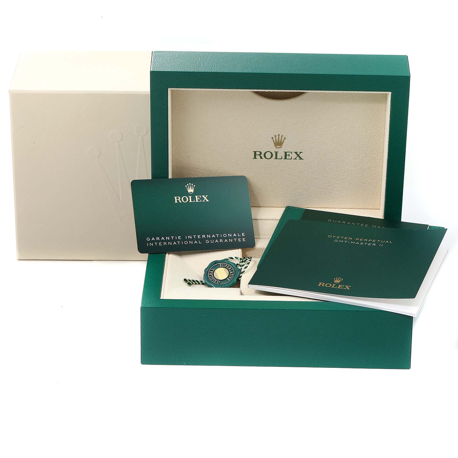 This image shows the packaging, warranty card, manual, and tag for a Rolex GMT-Master 126710 Men
s Stainless Steel Black Dial 126710 Men
s Stainless Steel Black Dial watch.