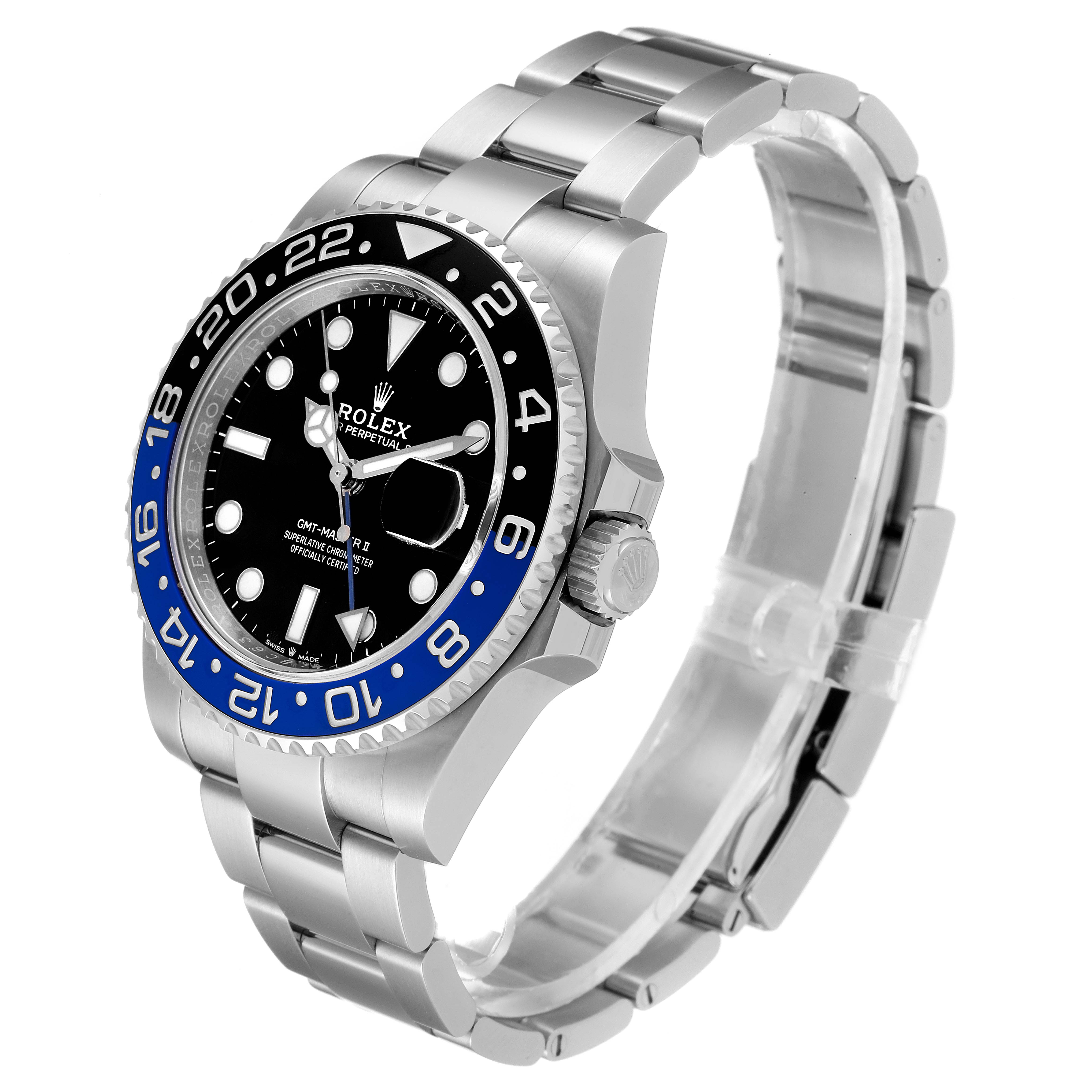 The Rolex GMT-Master 126710 Men
s Stainless Steel Black Dial 126710 Men
s Stainless Steel Black Dial watch is shown at a three-quarter angle, highlighting its bezel, dial, crown, and bracelet.