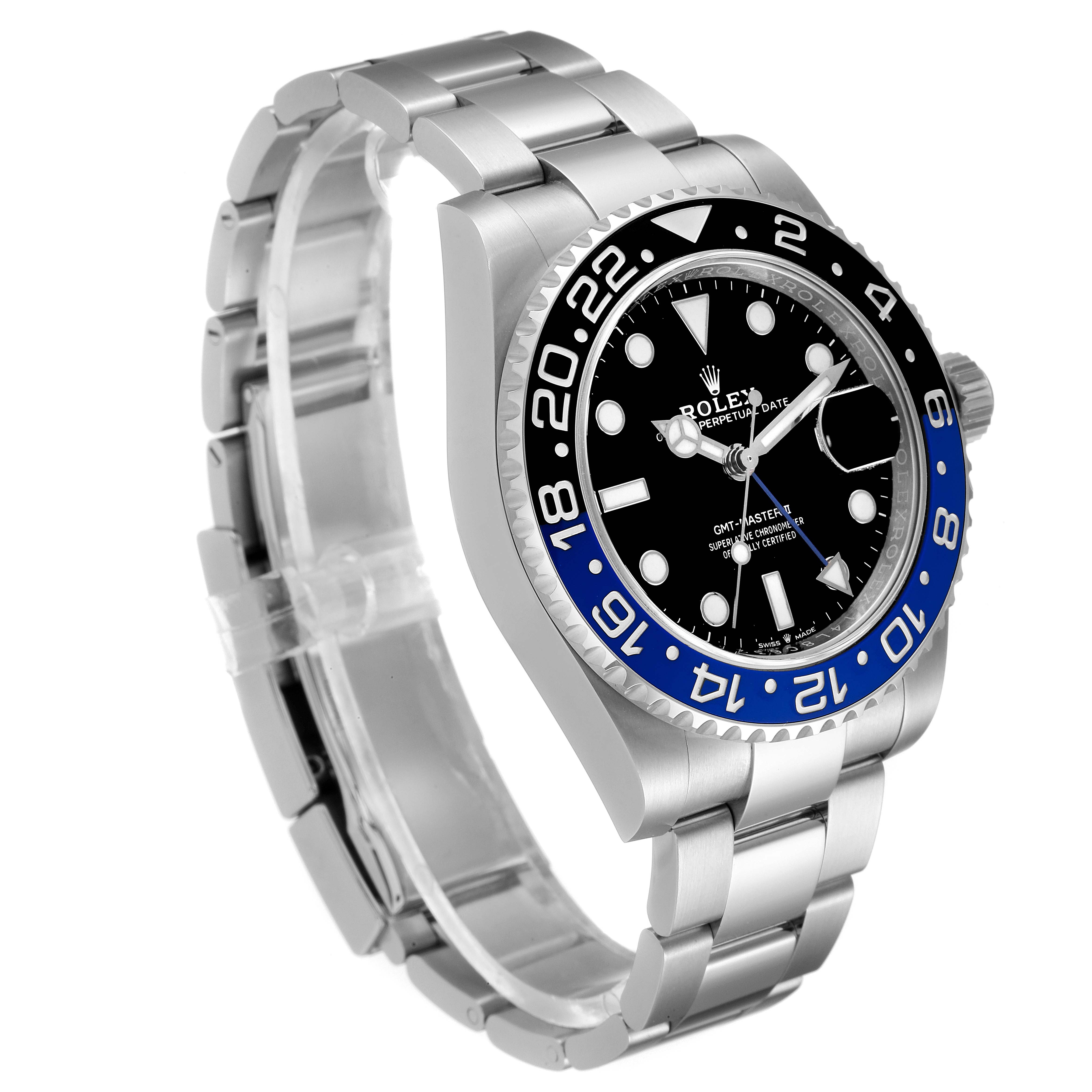 The image shows a side view of a Rolex GMT-Master 126710 Men
s Stainless Steel Black Dial 126710 Men
s Stainless Steel Black Dial watch, highlighting the bezel, dial, and stainless steel bracelet.