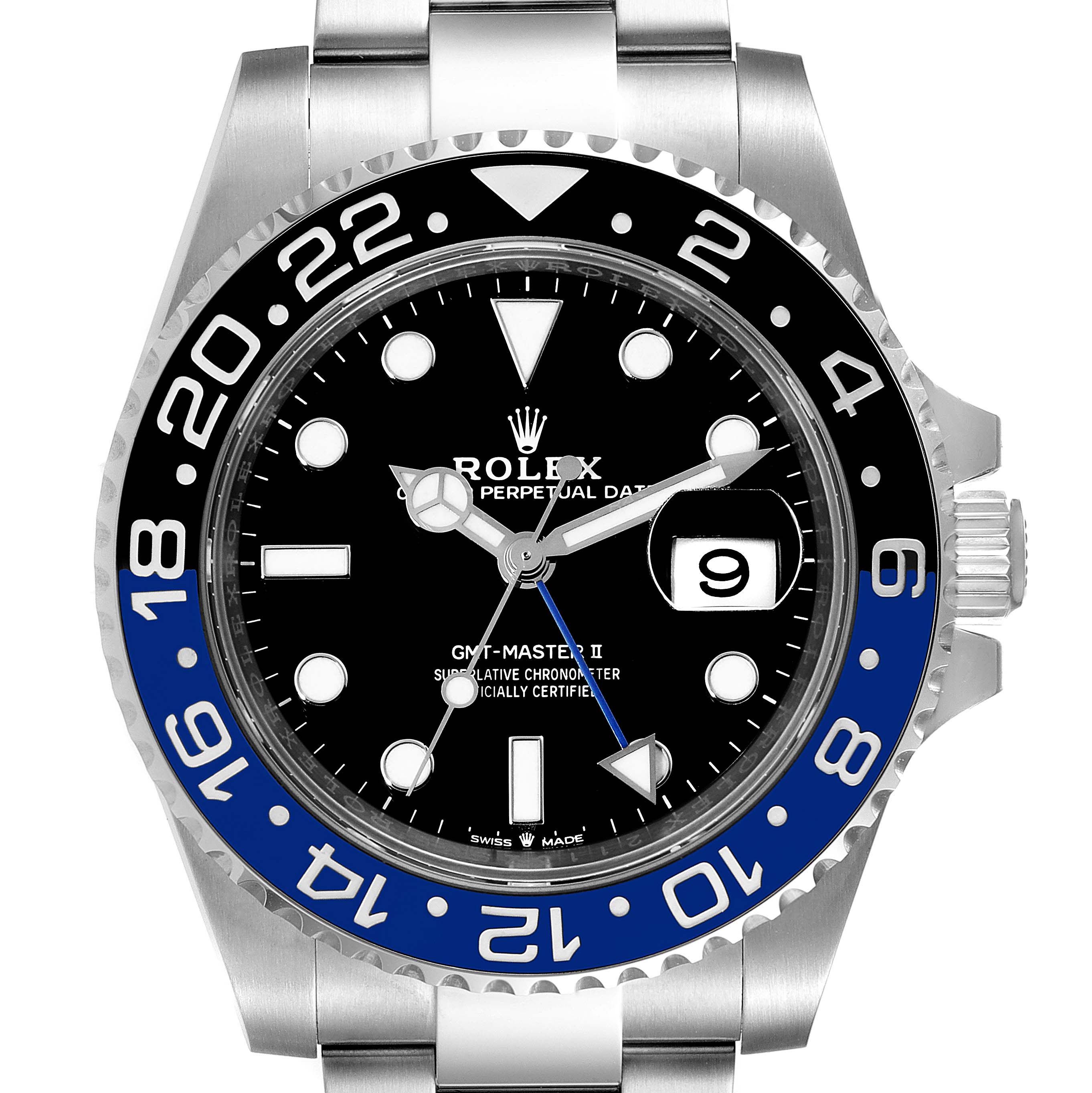 This image shows a front view of the Rolex GMT-Master 126710 Men
s Stainless Steel Black Dial 126710 Men
s Stainless Steel Black Dial model, highlighting the dial, bezel, and part of the bracelet.