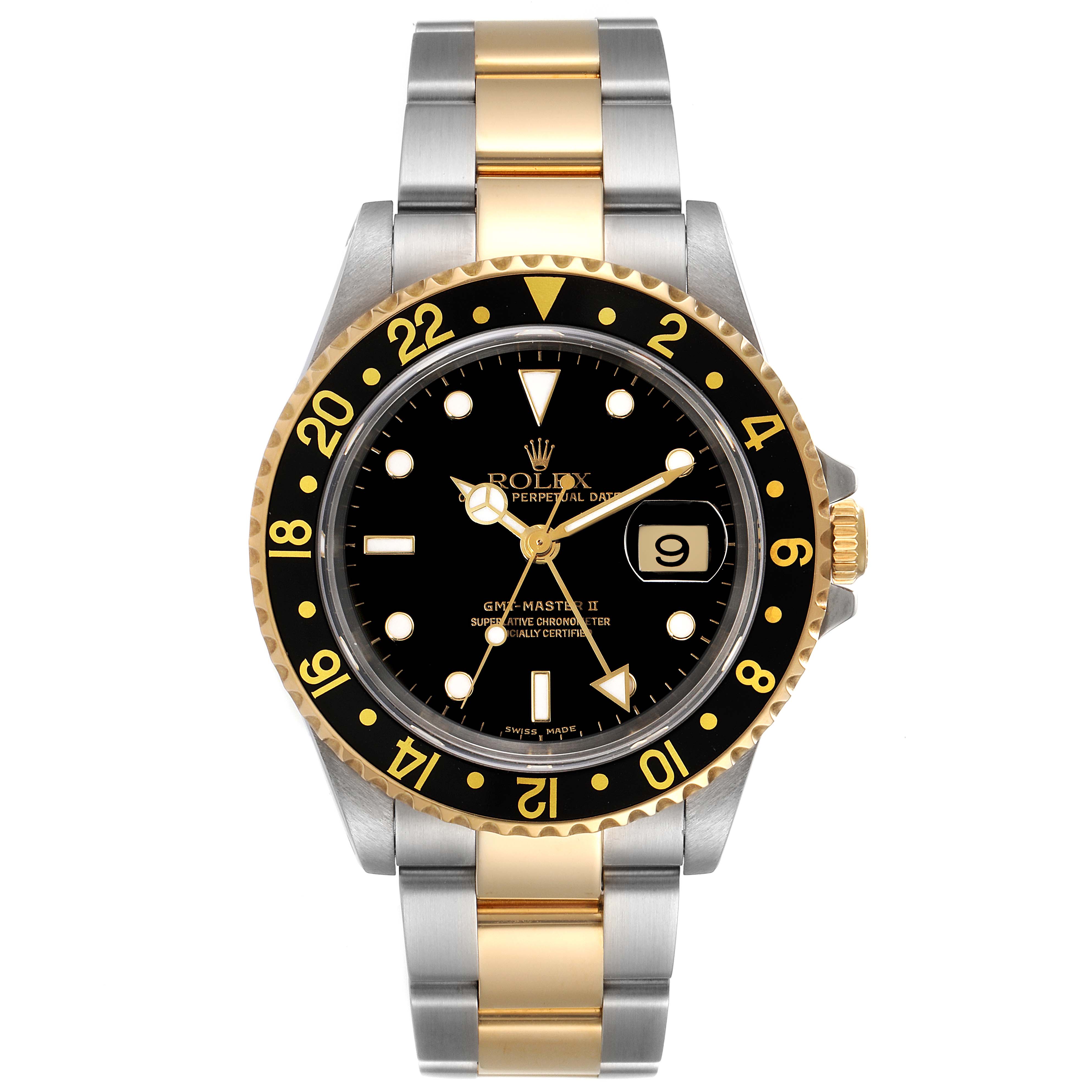 The image shows a front view of a Rolex GMT-Master 16713 Men's Steel and Gold (two tone) Black Dial 16713 Men's Steel and Gold (two tone) Black Dial watch featuring a black dial and a two-tone metal bracelet.