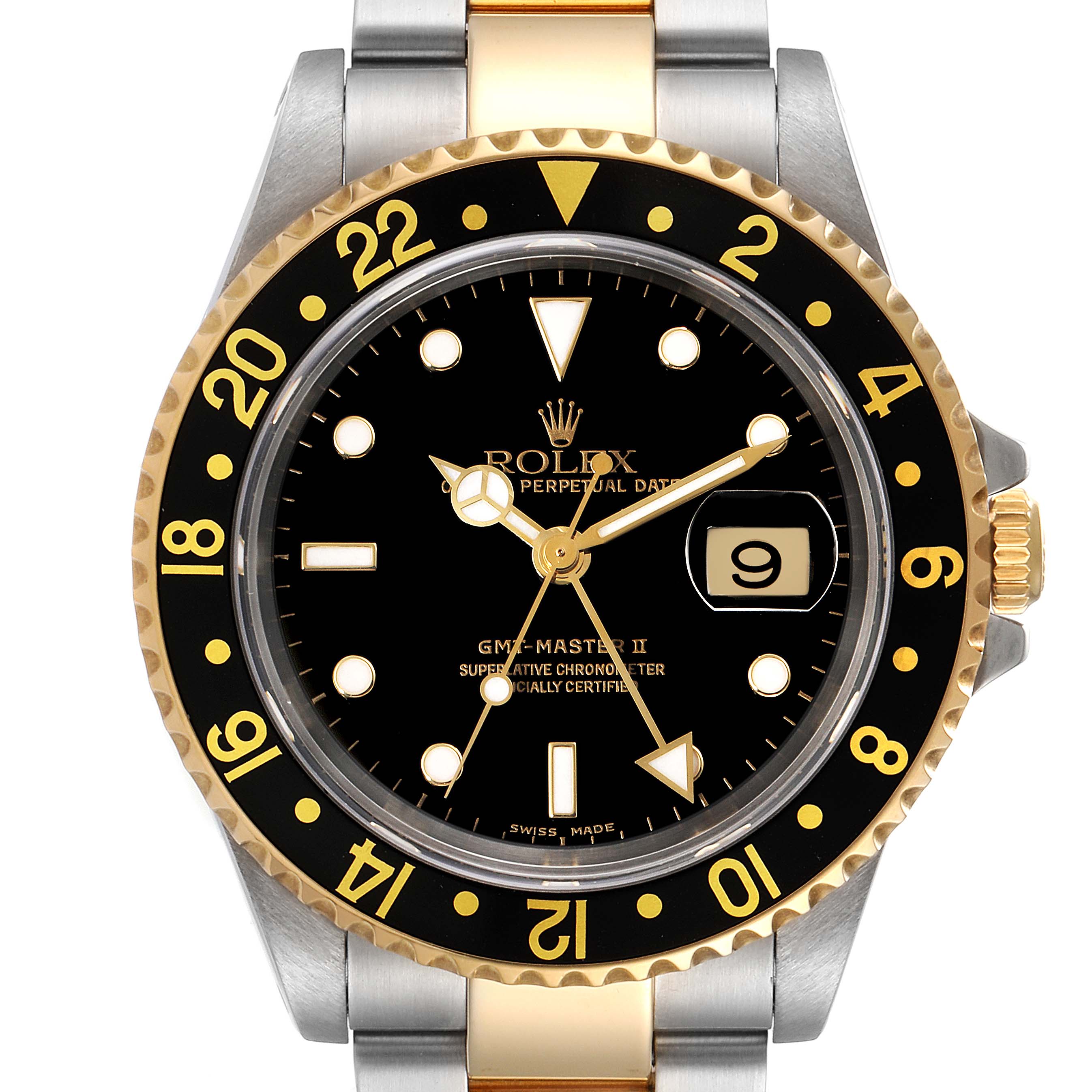 The Rolex GMT-Master 16713 Men's Steel and Gold (two tone) Black Dial 16713 Men's Steel and Gold (two tone) Black Dial watch is shown from a front angle highlighting its dial, bezel, and two-tone bracelet.