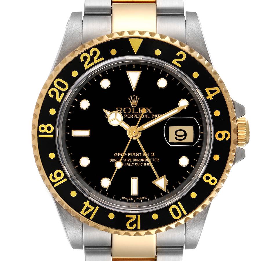 Rolex GMT Master II Yellow Gold Steel Oyster Bracelet Watch 16713 Box Papers SwissWatchExpo