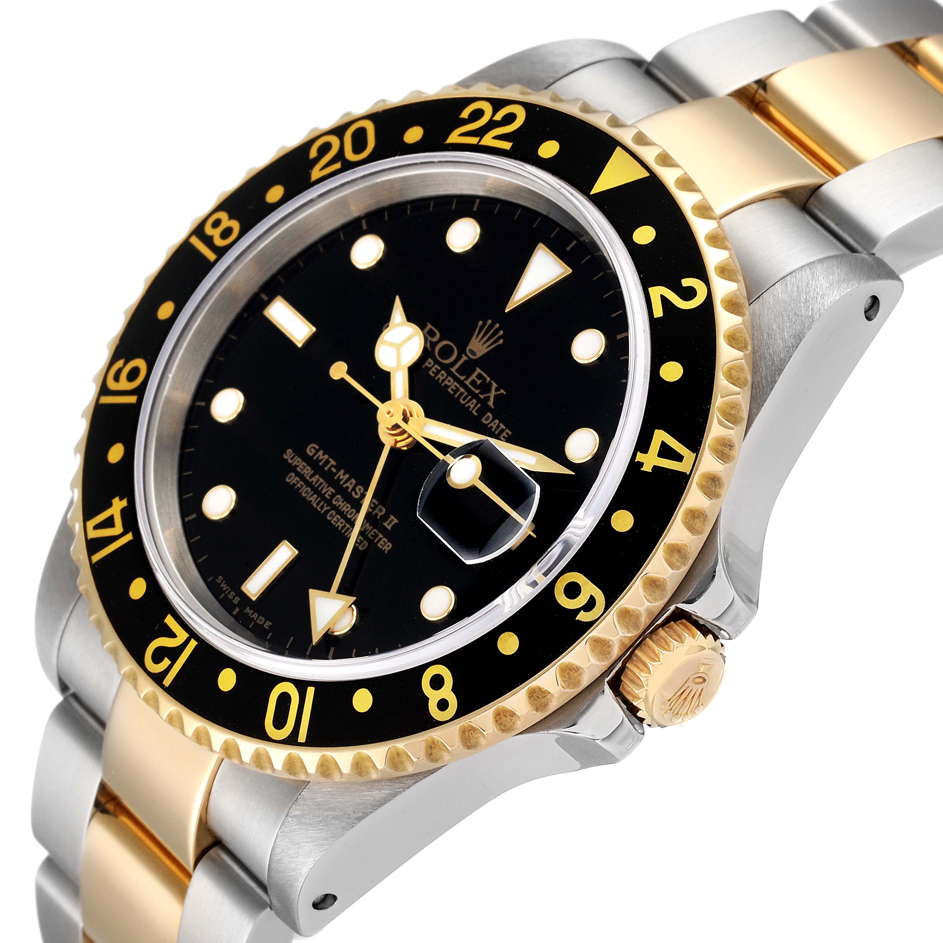 This image shows a close-up angled view of a Rolex GMT-Master 16713 Men's Steel and Gold (two tone) Black Dial 16713 Men's Steel and Gold (two tone) Black Dial II watch, highlighting the bezel, dial, crown, and part of the bracelet.