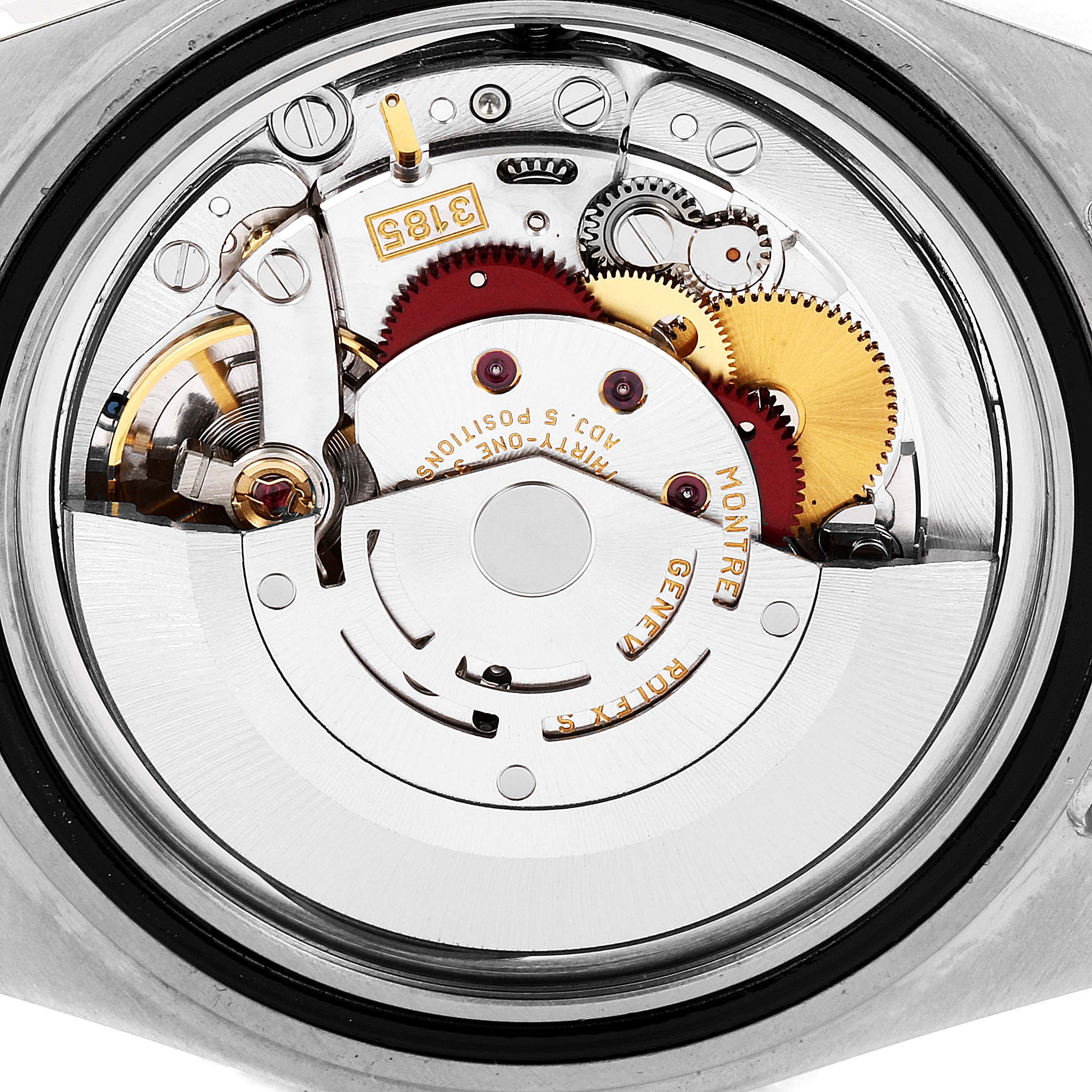 This image shows a close-up of the Rolex GMT-Master 16713 Men's Steel and Gold (two tone) Black Dial 16713 Men's Steel and Gold (two tone) Black Dial watch's movement and internal components from the back.