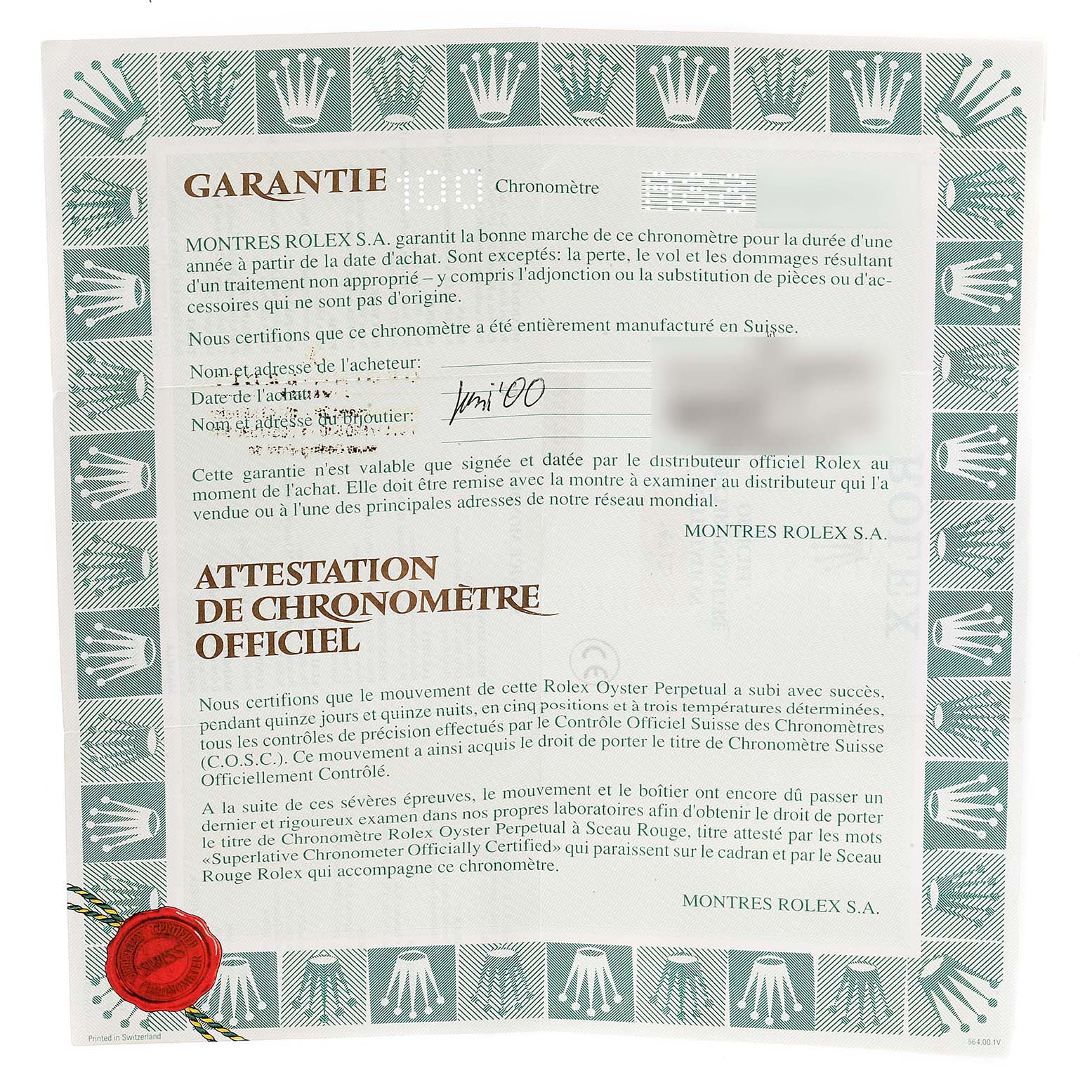 The image shows the warranty and official chronometer certification papers for a Rolex GMT-Master 16713 Men's Steel and Gold (two tone) Black Dial 16713 Men's Steel and Gold (two tone) Black Dial watch.