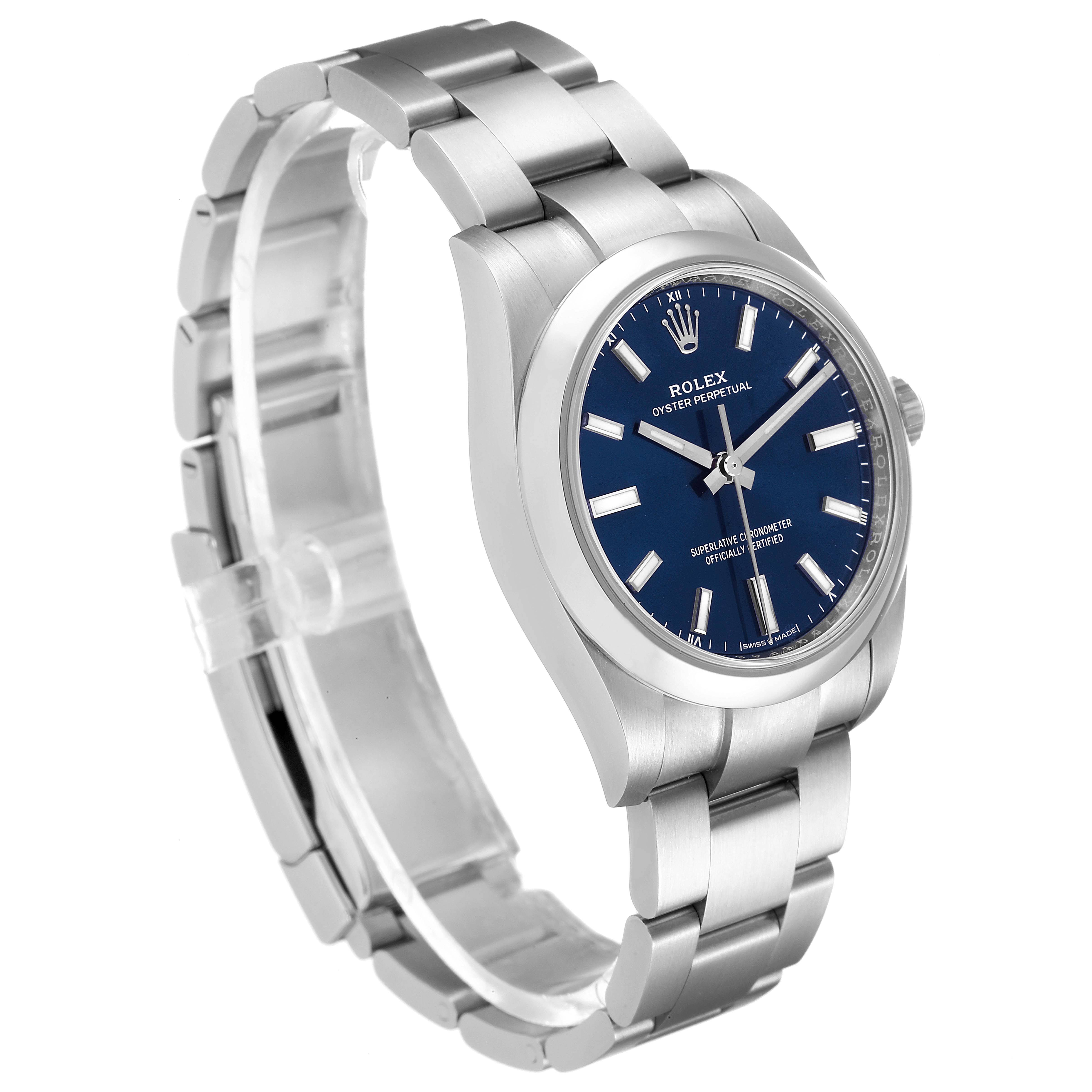 This is a side angle view of a Rolex Oyster Perpetual 124200 Men's Stainless Steel Blue Dial 124200 Men's Stainless Steel Blue Dial watch, showing the bracelet, case, and blue dial.