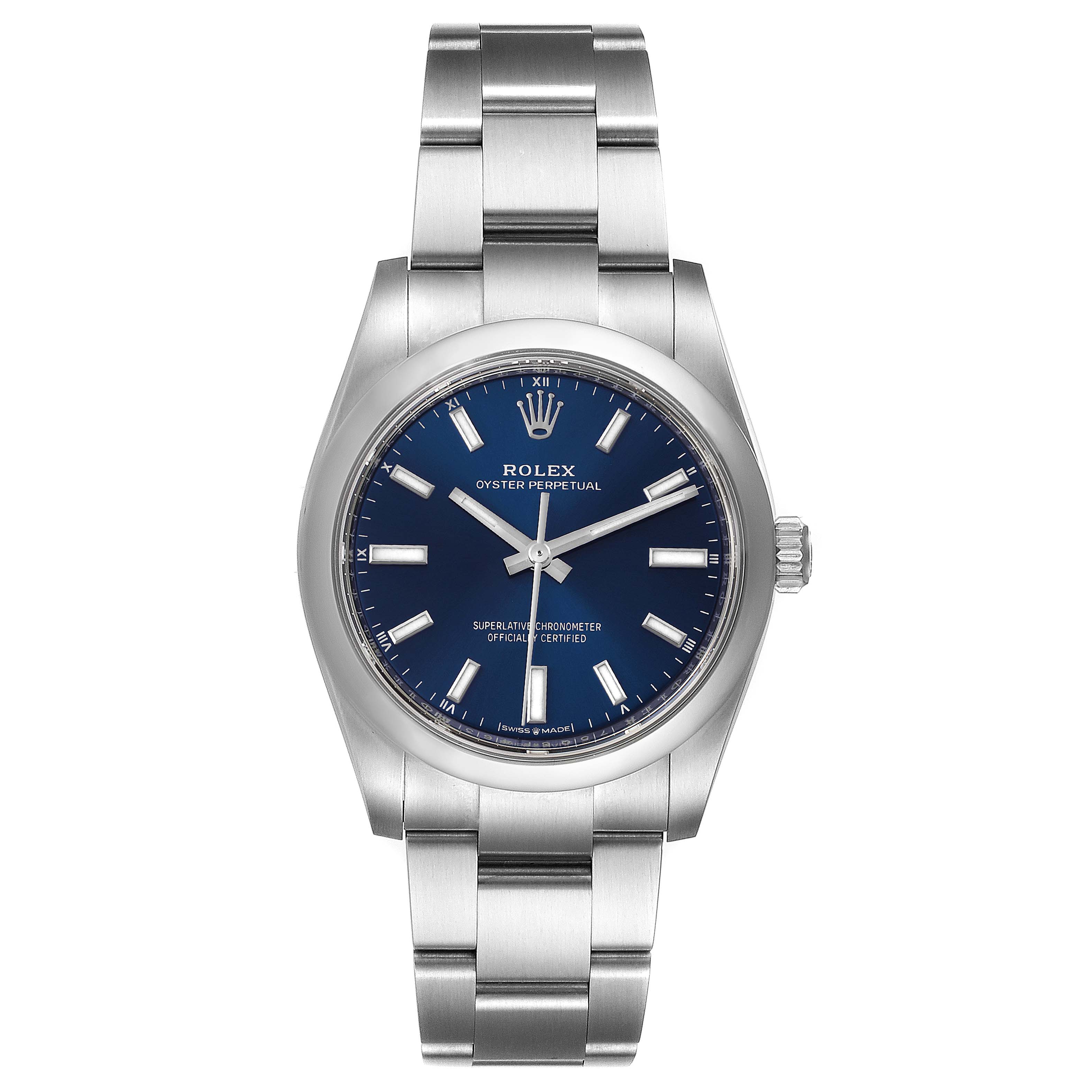 The Rolex Oyster Perpetual 124200 Men's Stainless Steel Blue Dial 124200 Men's Stainless Steel Blue Dial watch is shown from a front angle, displaying the face, bezel, and bracelet in full view.