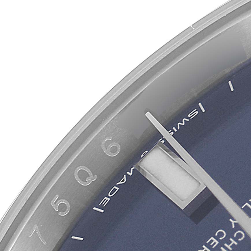 This close-up image shows the dial and seconds hand of a Rolex Oyster Perpetual 124200 Men's Stainless Steel Blue Dial 124200 Men's Stainless Steel Blue Dial watch.
