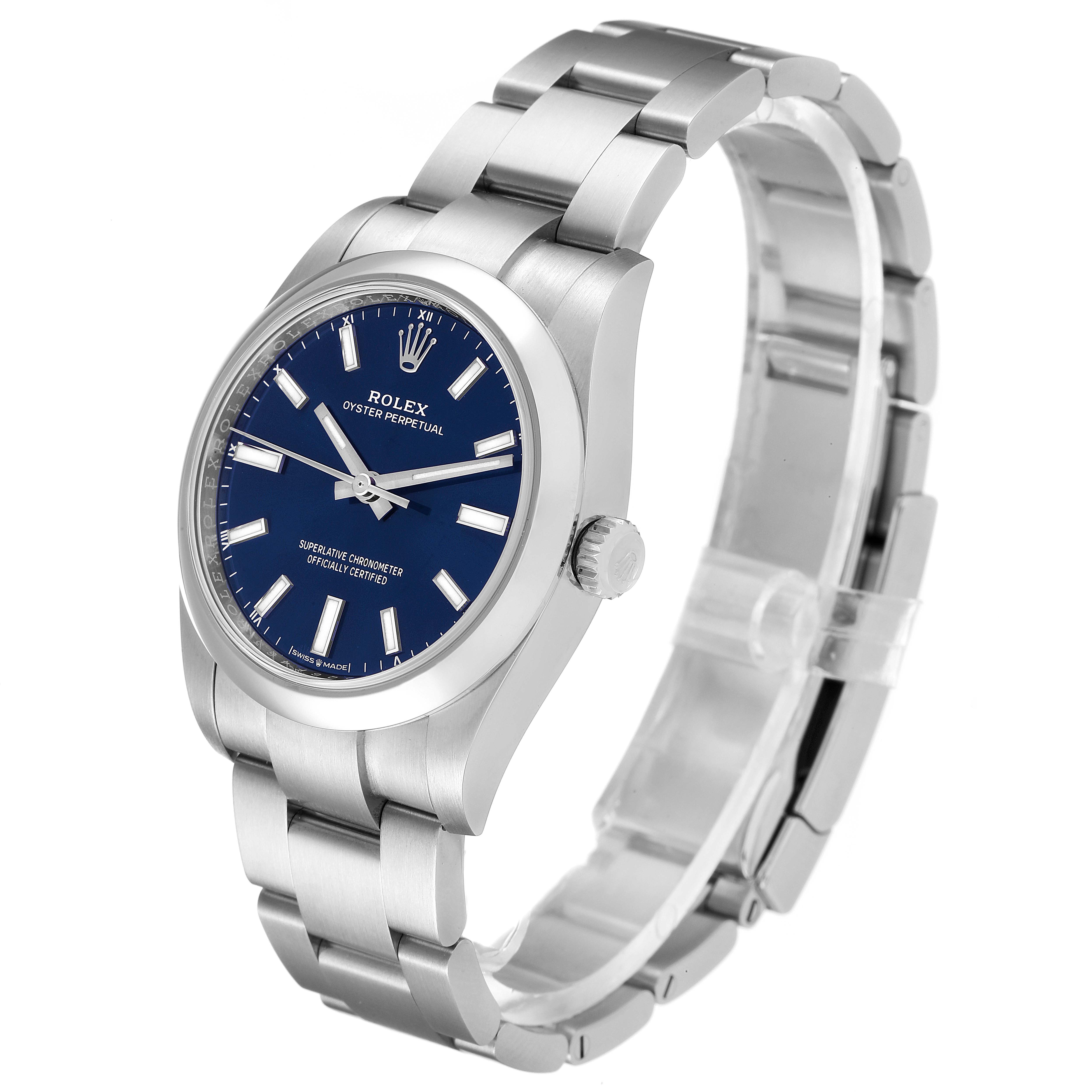 The image shows a Rolex Oyster Perpetual 124200 Men's Stainless Steel Blue Dial 124200 Men's Stainless Steel Blue Dial watch from a three-quarter angle, highlighting the face, bezel, and bracelet.