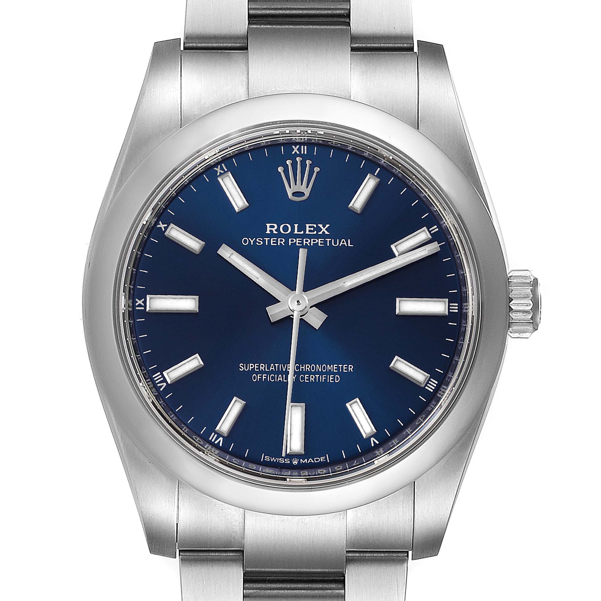 This image shows a front view of a Rolex Oyster Perpetual 124200 Men's Stainless Steel Blue Dial 124200 Men's Stainless Steel Blue Dial watch, featuring its blue dial and stainless steel bracelet.