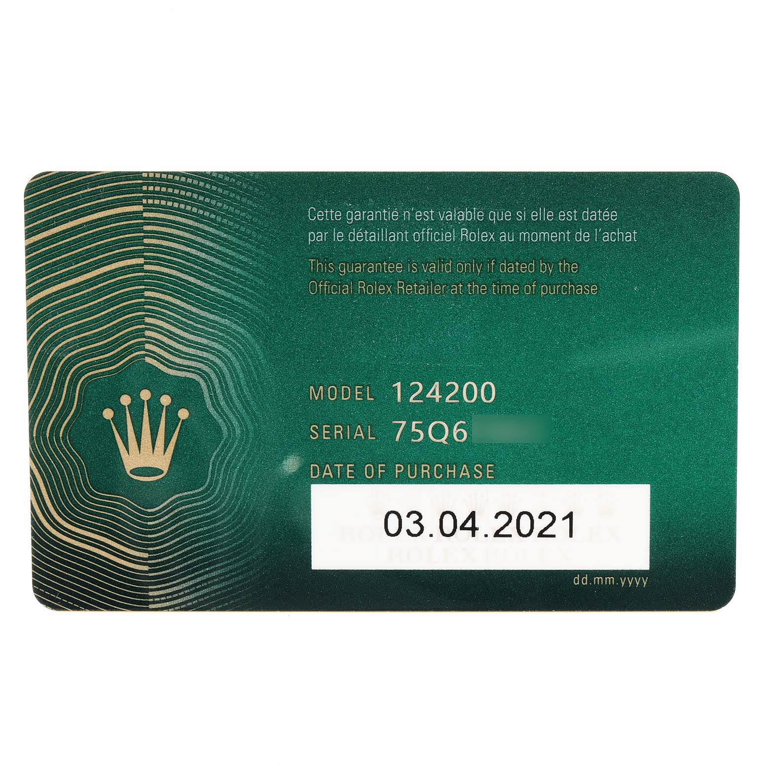 The image shows a Rolex warranty card for the Oyster Perpetual model 124200.