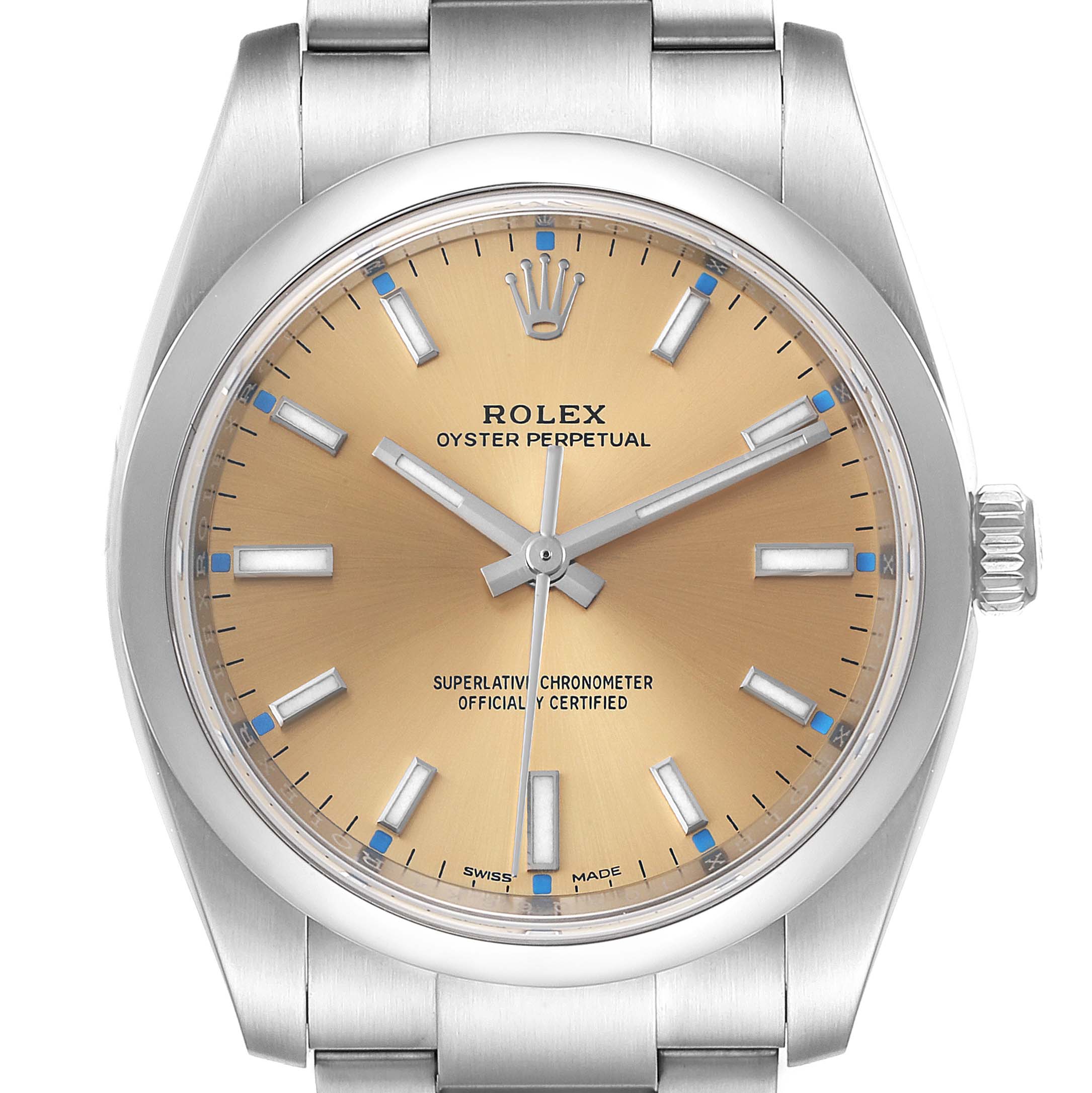 The image shows the face and bezel of a Rolex Oyster Perpetual 114200 Men's Stainless Steel Champagne Dial 114200 Men's Stainless Steel Champagne Dial watch.