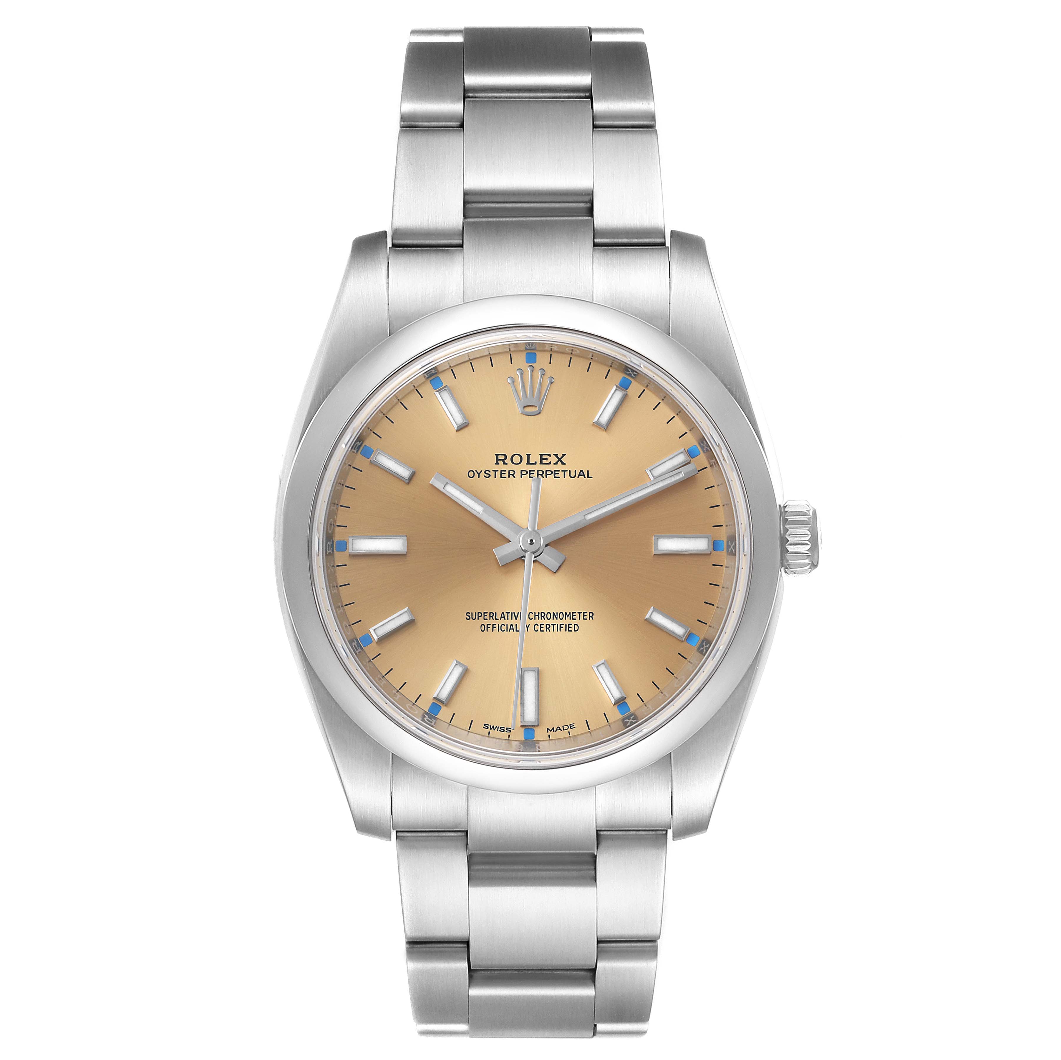 The image shows a frontal view of a Rolex Oyster Perpetual 114200 Men's Stainless Steel Champagne Dial 114200 Men's Stainless Steel Champagne Dial watch, displaying the face, bezel, and bracelet.