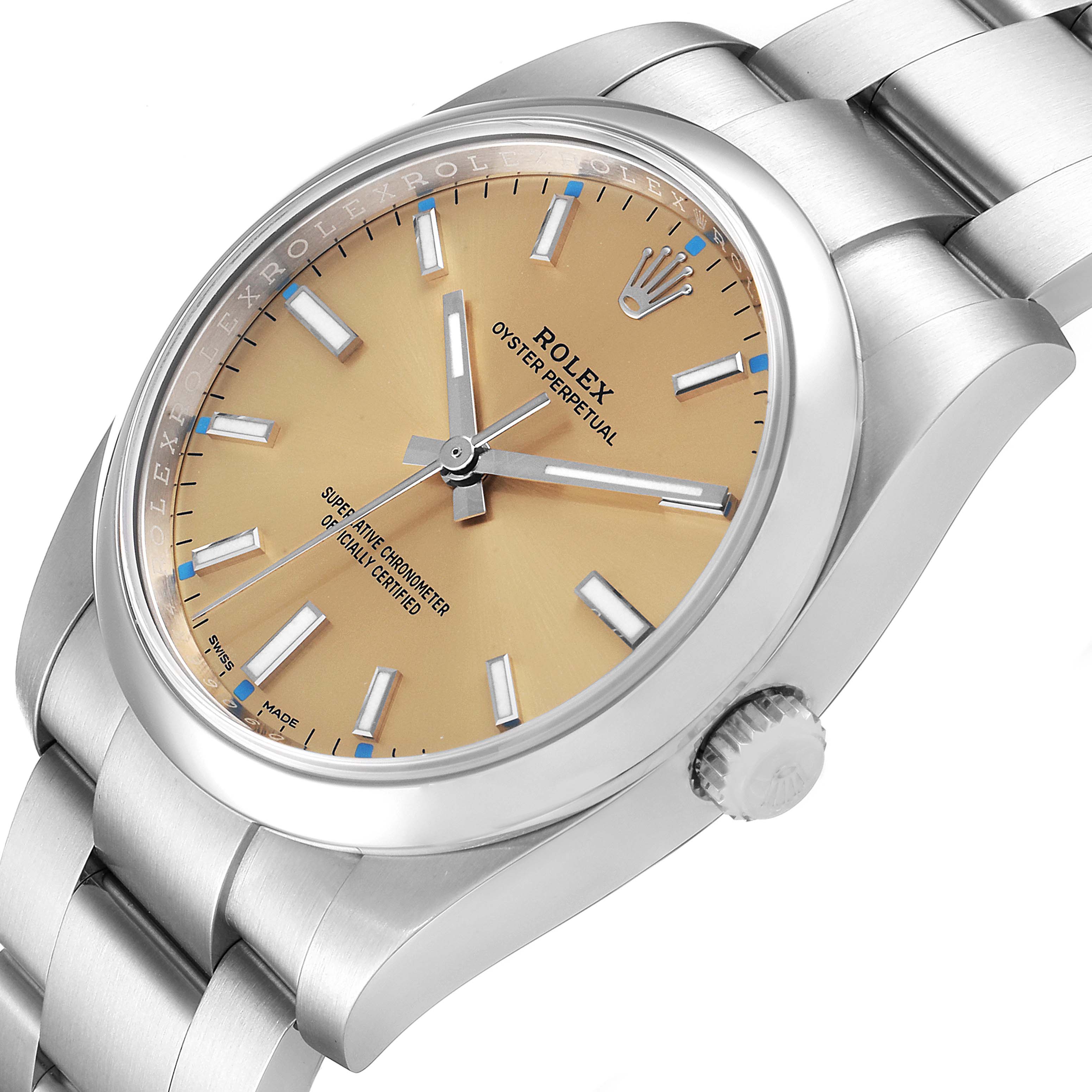 The image shows a Rolex Oyster Perpetual 114200 Men's Stainless Steel Champagne Dial 114200 Men's Stainless Steel Champagne Dial watch from a slight angle, highlighting the dial, case, and part of the bracelet.