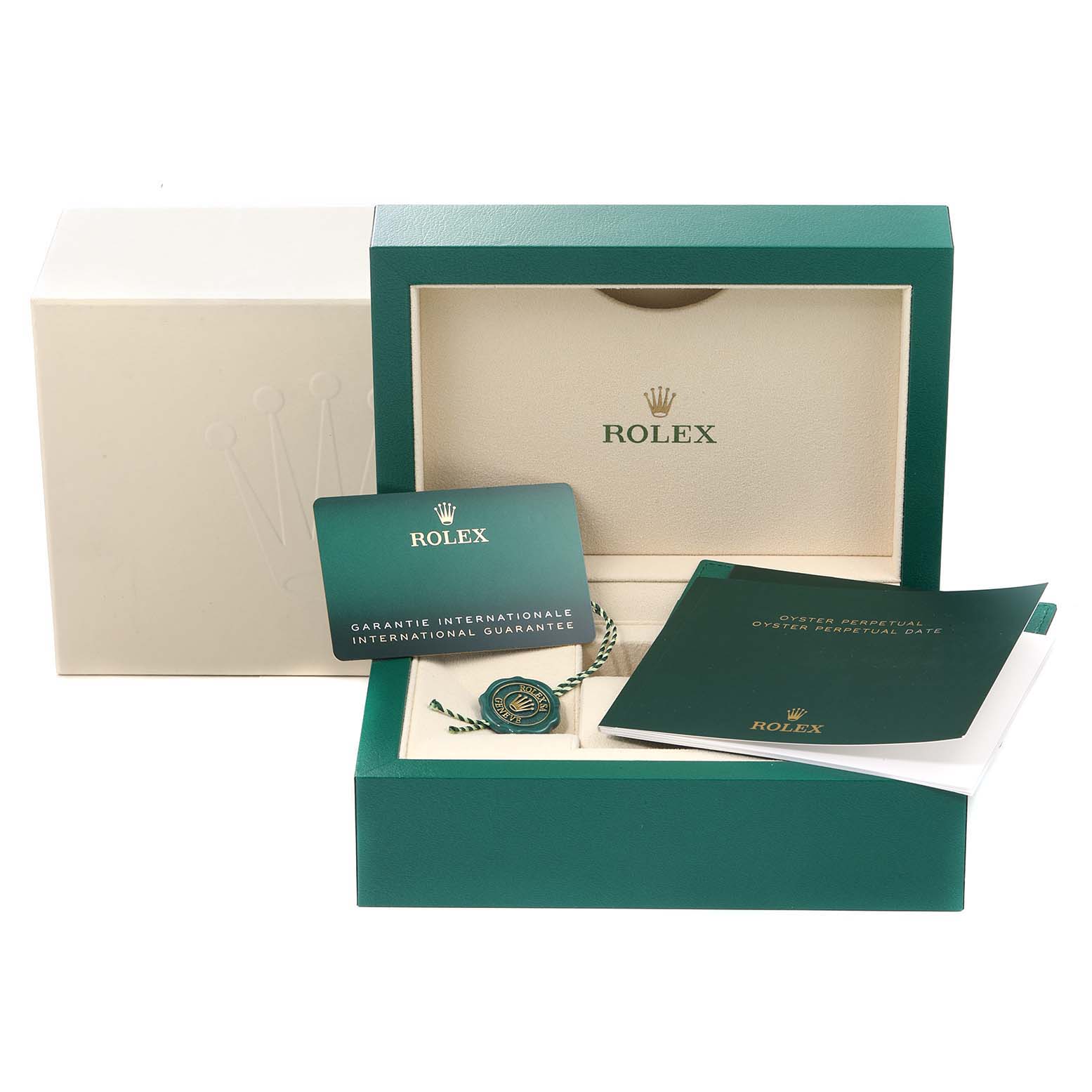 The image shows a Rolex Oyster Perpetual 114200 Men's Stainless Steel Champagne Dial 114200 Men's Stainless Steel Champagne Dial watch box, international guarantee card, and manuals from a frontal angle.