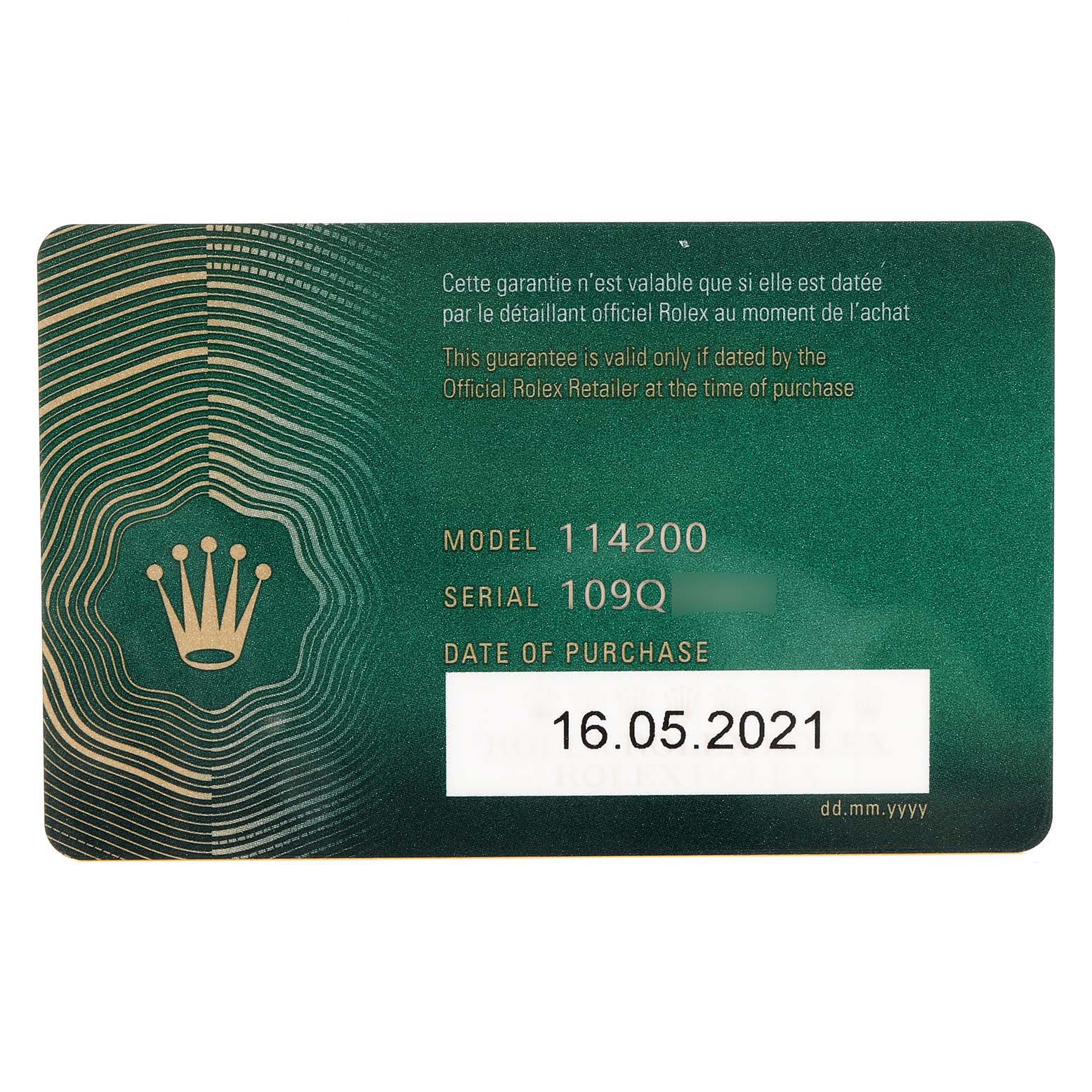 The image shows a warranty card for the Rolex Oyster Perpetual 114200 Men's Stainless Steel Champagne Dial 114200 Men's Stainless Steel Champagne Dial model, displaying the model number, serial number, and date of purchase.