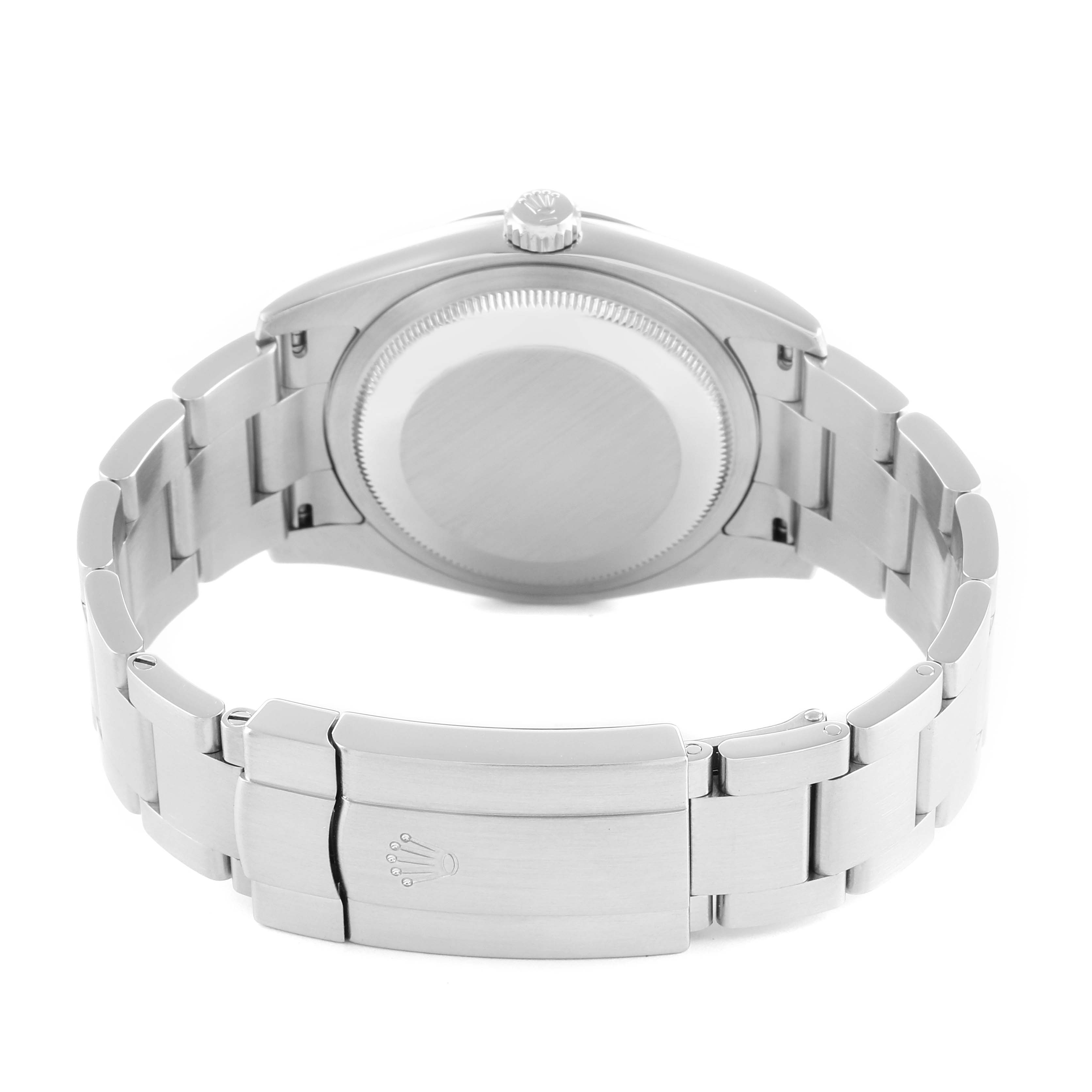 The image shows the back view of a Rolex Oyster Perpetual 116034 Men
s Stainless Steel Blue Dial, highlighting the clasp and bracelet.