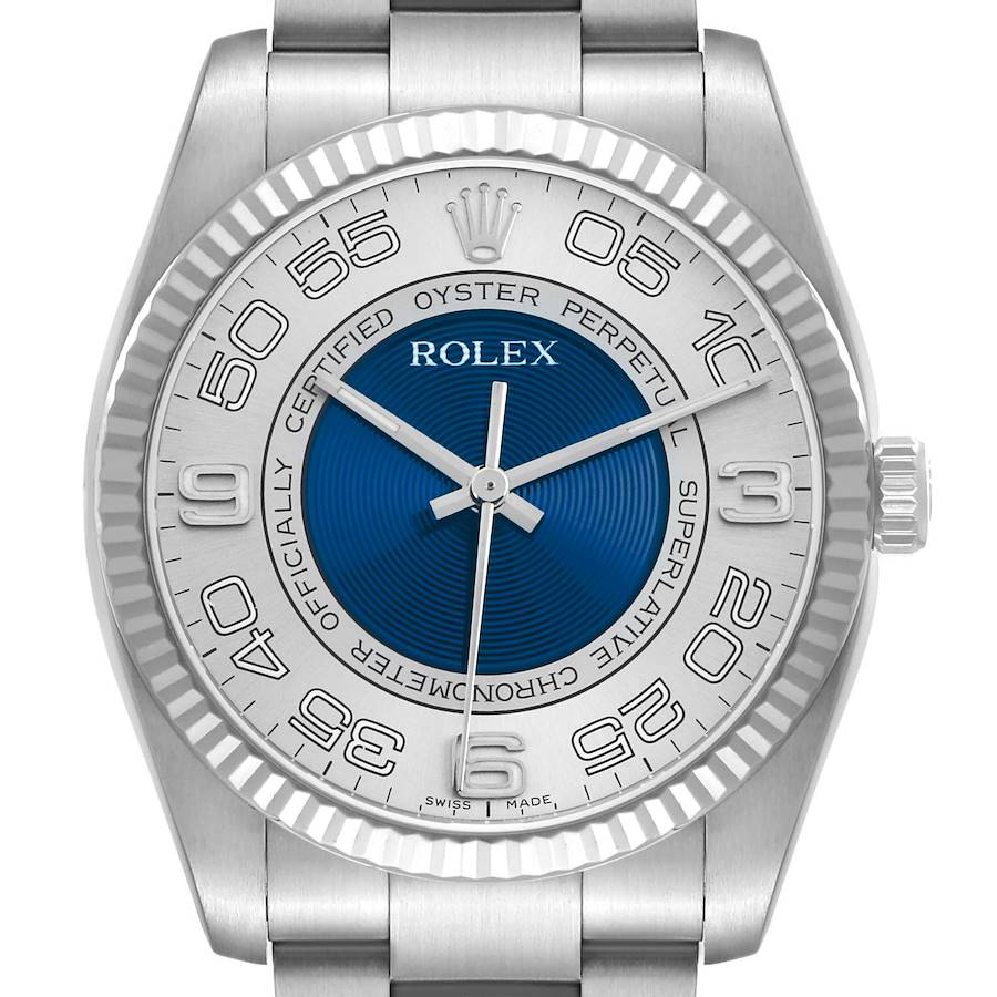 The image shows the Rolex Oyster Perpetual 116034 Men's Stainless Steel Blue Dial watch from a front angle, highlighting the dial, bezel, and part of the bracelet.