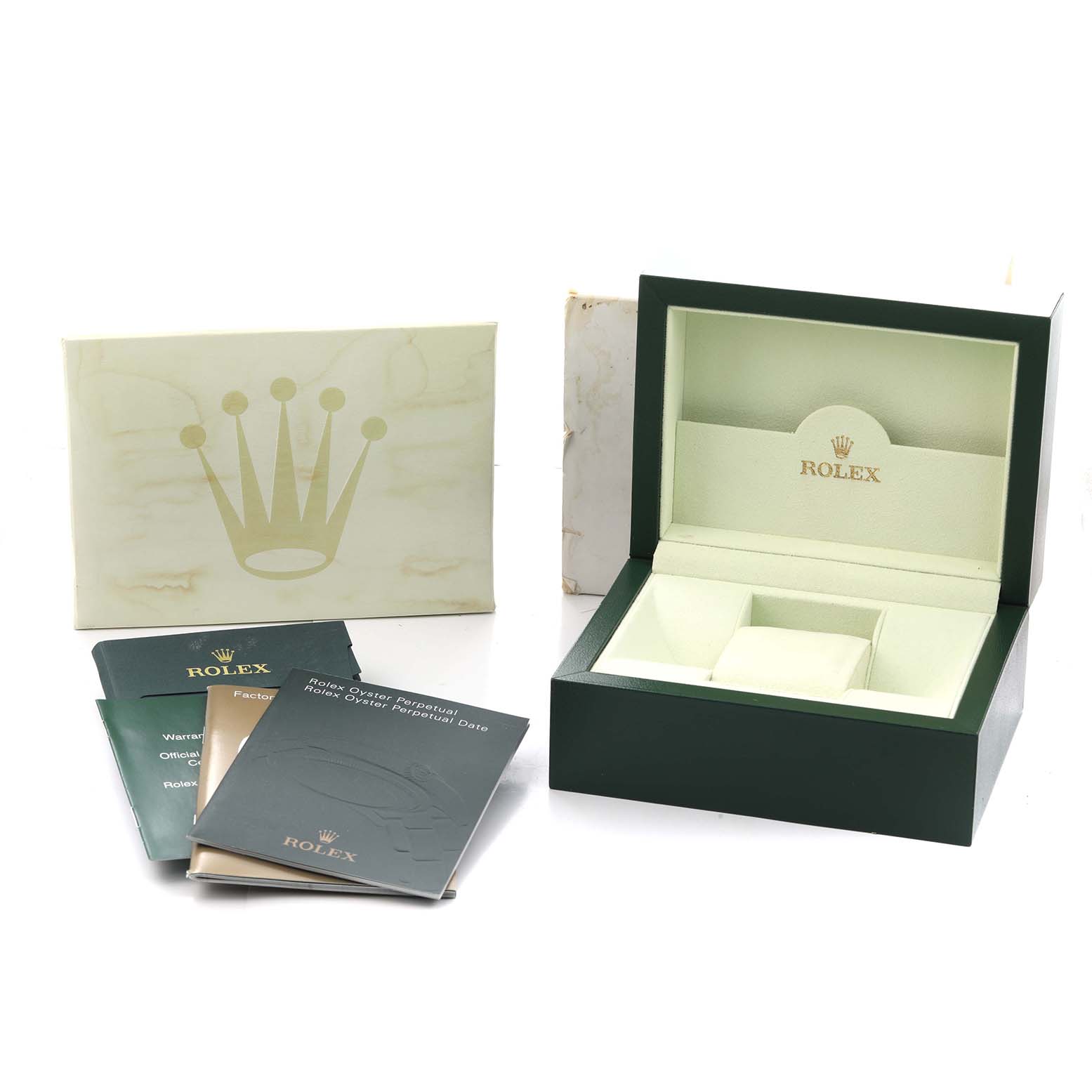 The image shows a Rolex Oyster Perpetual 116000 Men's Stainless Steel Blue Dial box, documents, and packaging at a slight angle.